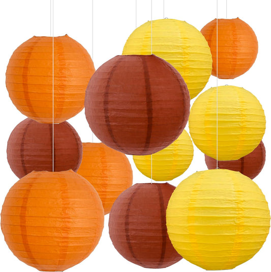 BEISHIDA 12Pcs Fall Orange Paper Lanterns Decorative Yellow Orange Brown Hanging Round Paper Lanterns Lamp for Thanksgiving Harvest Fall Wedding Autumn Birthday Decor,Outdoor Party Decoration
