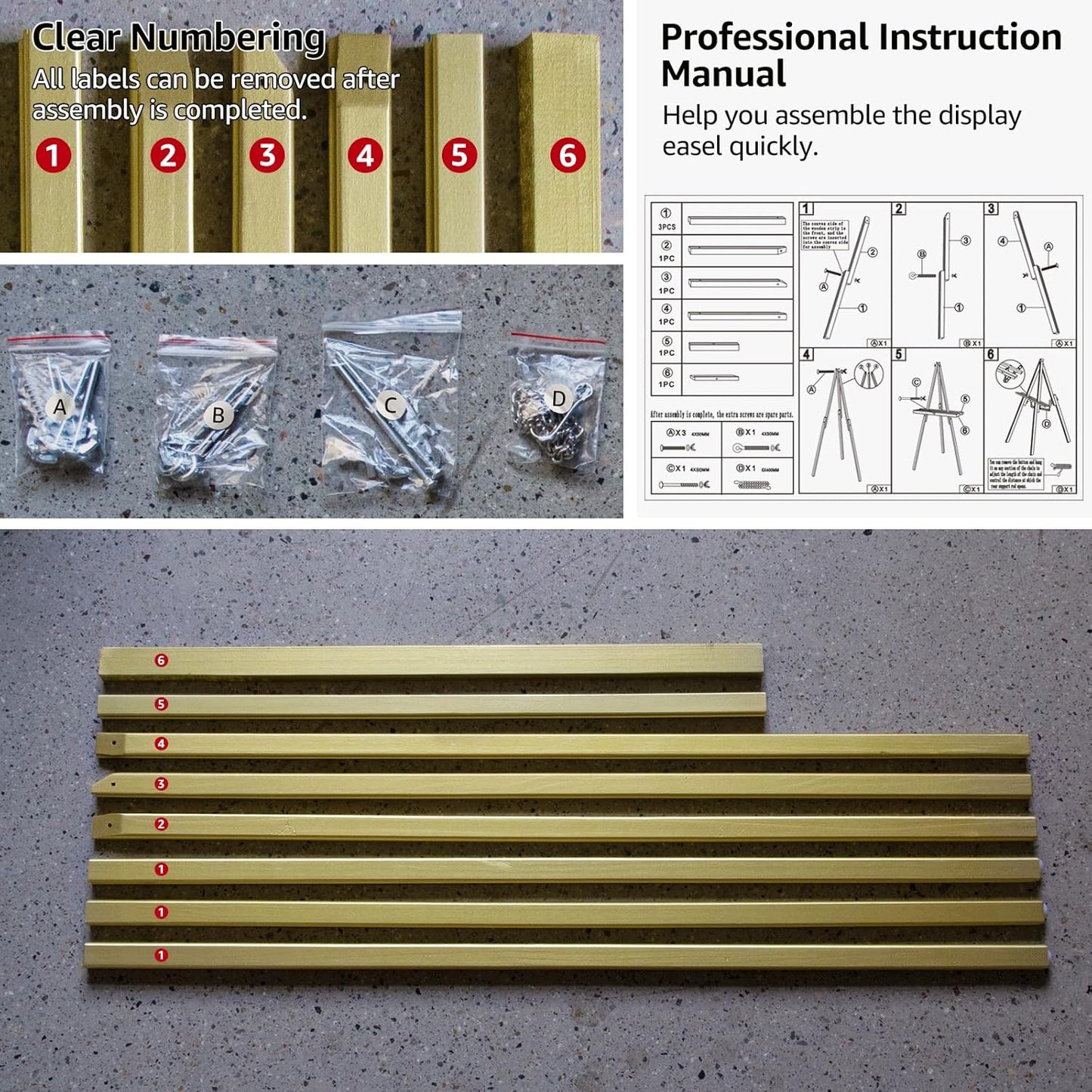 nianfeng Wooden Easel Stand for Sign, Easel Display Stand Floor for Wedding Sign With Adjustable Tray, 63-Inch, Tripod A-Frame Poster Light Duty, Welcome, Art Show & Baby Shower (Golden)