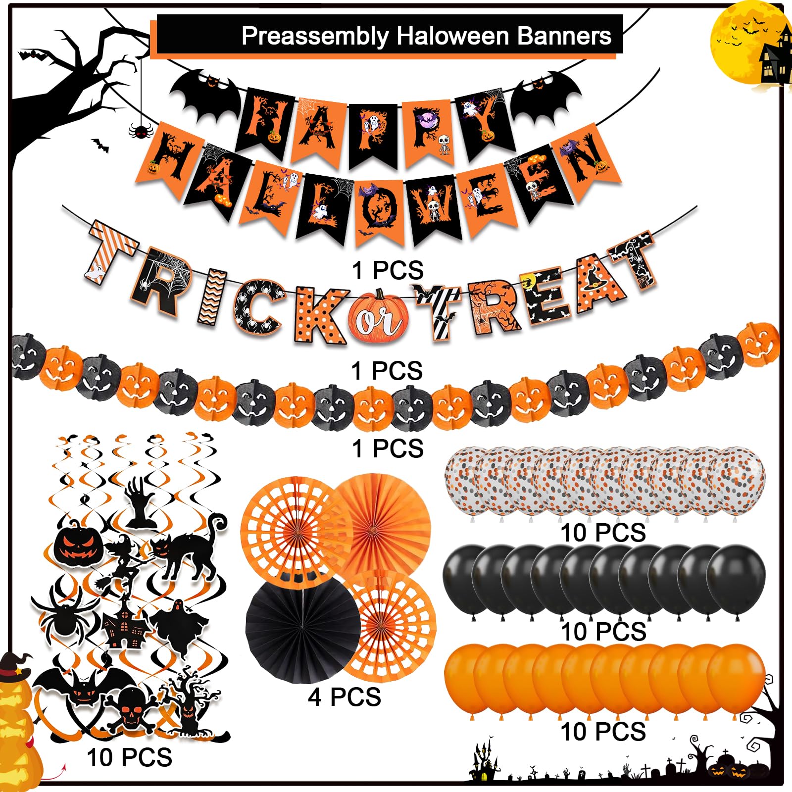 Happy Halloween Trick or Treat Banner Paper Fan Balloons & Swirl Streamers Goul Bat Cat Bird Ghost