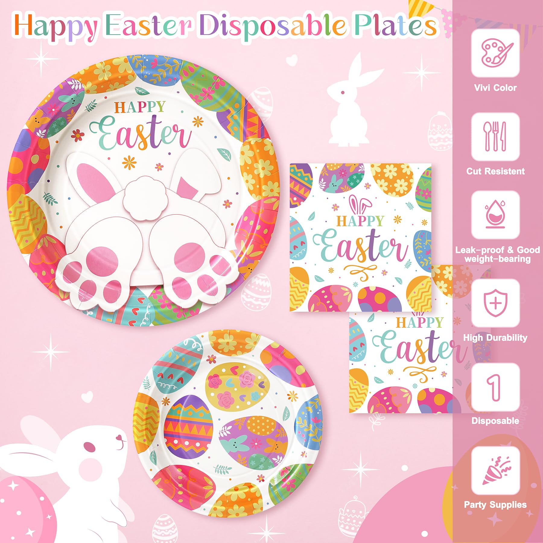 Fighting to Achieve Happy Easter Plates and Napkins, 72PCS Colorful Easter Party Supplies, Bunny