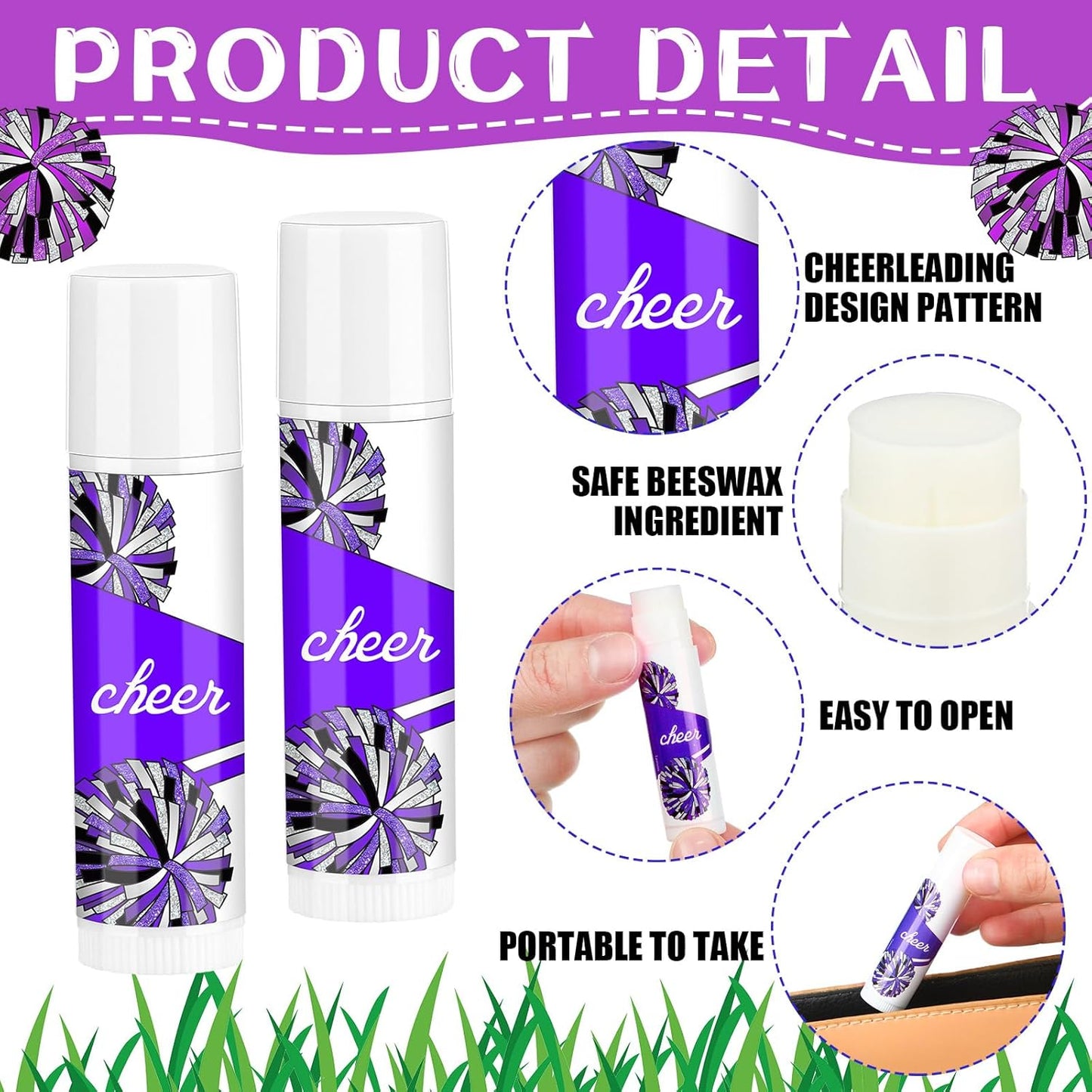 24 Pcs Cheer Lip Balm Cheer Teams Camp Gifts Pom Pom Leaders Party Favors Gear Lip Balm Mom Gift for Competitive Party Guest Supplies(Purple)