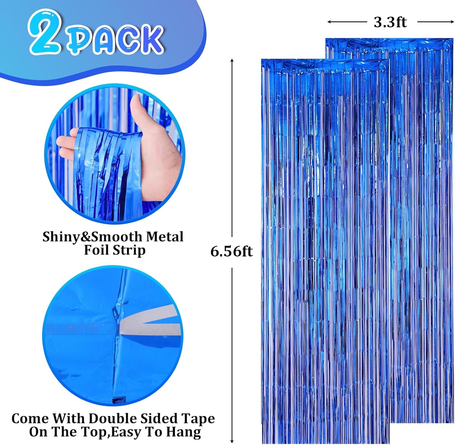 2 Pack Blue Foil Fringe Backdrop Curtains, Tinsel Streamers Party Decorations, Fringe Backdrop for Graduation, Disco Party