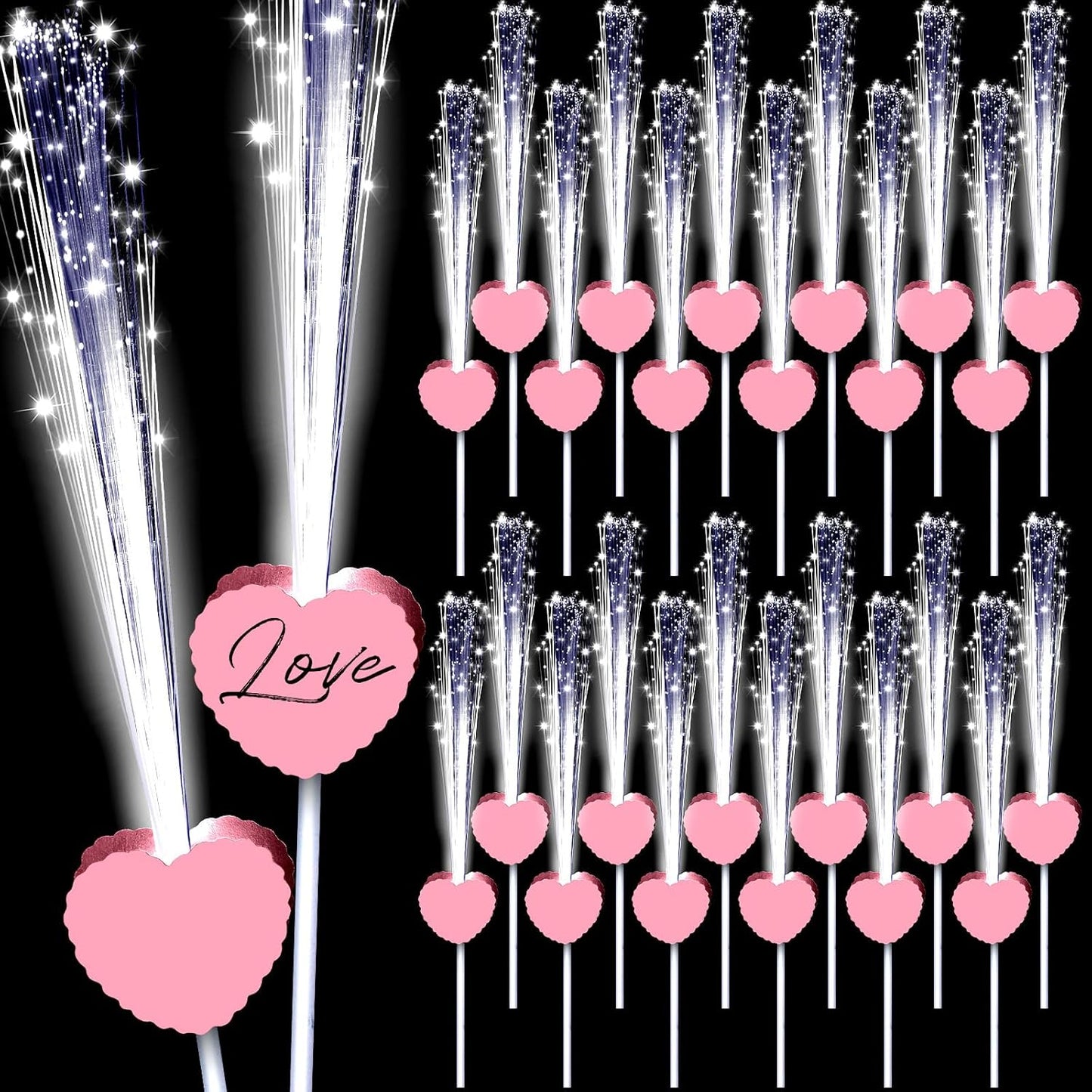 24 Pcs Wedding Sparklers Heart Shaped LED Glow Sticks Fiber Optic Wands Light up Wand with 3 Light Mode for Wedding Bridal Shower Birthday Glow in the Dark Party Supplies (Pink)