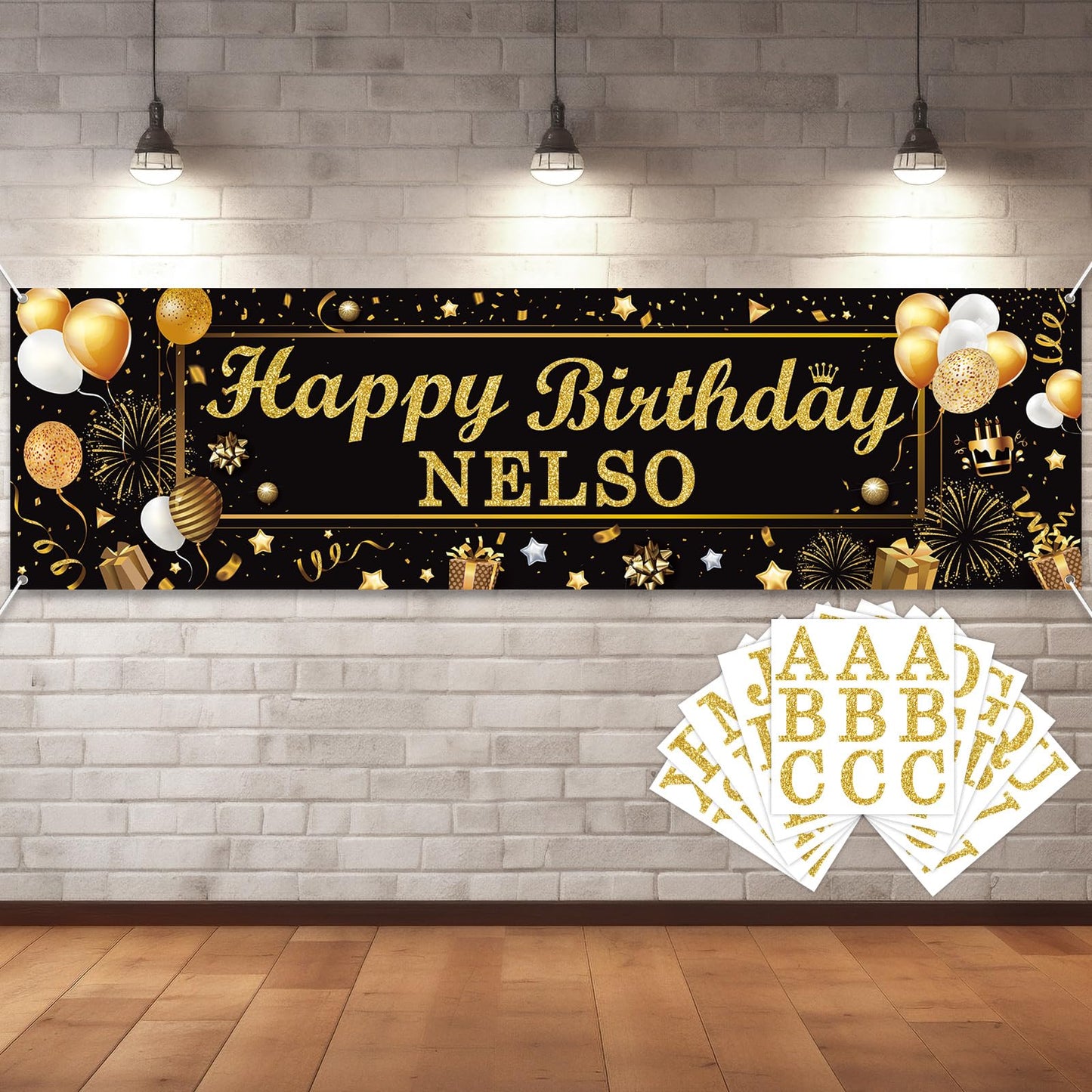 Lonfliness Personalized Birthday Banner Happy Birthday Party Decoration Custom DIY Black Gold