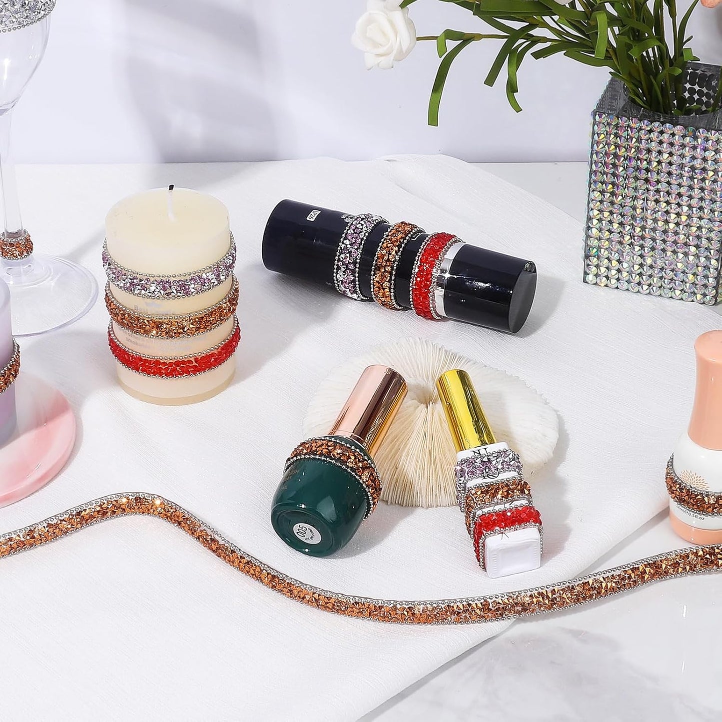 Rhinestone Ribbon 3 Yards Self Adhesive Rhinestone Strips Diamond Ribbon Sticker Crystal Roll Glitter Bling Rhinestones Tape for Crafting DIY Art Decoration (Rose Champagne,0.4 Inch)