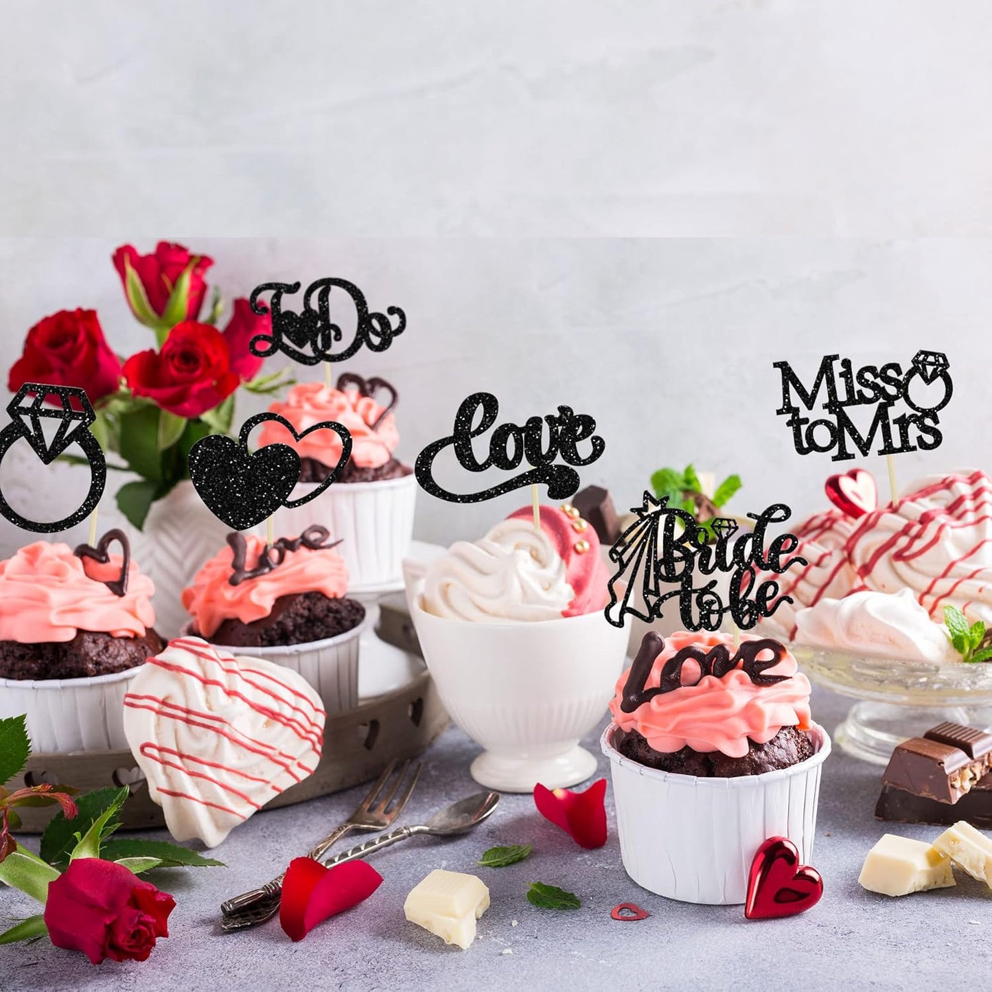 Gyufise 24Pcs Bride to Be Cupcake Toppers Black Glitter I Do Love Heart Ring Miss To Mrs Cupcake Picks Bridal Shower Cake Decorations for Wedding Engagement Bachelorette Party Supplies