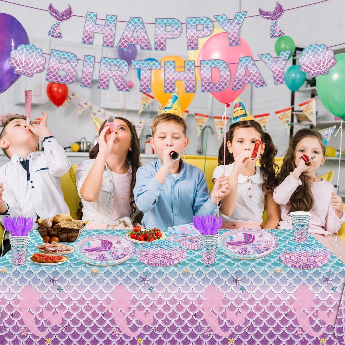 122Pcs Mermaid Birthday Party Decorations Set Mermaid Party Supplies Includes Plates, Napkin, Fork