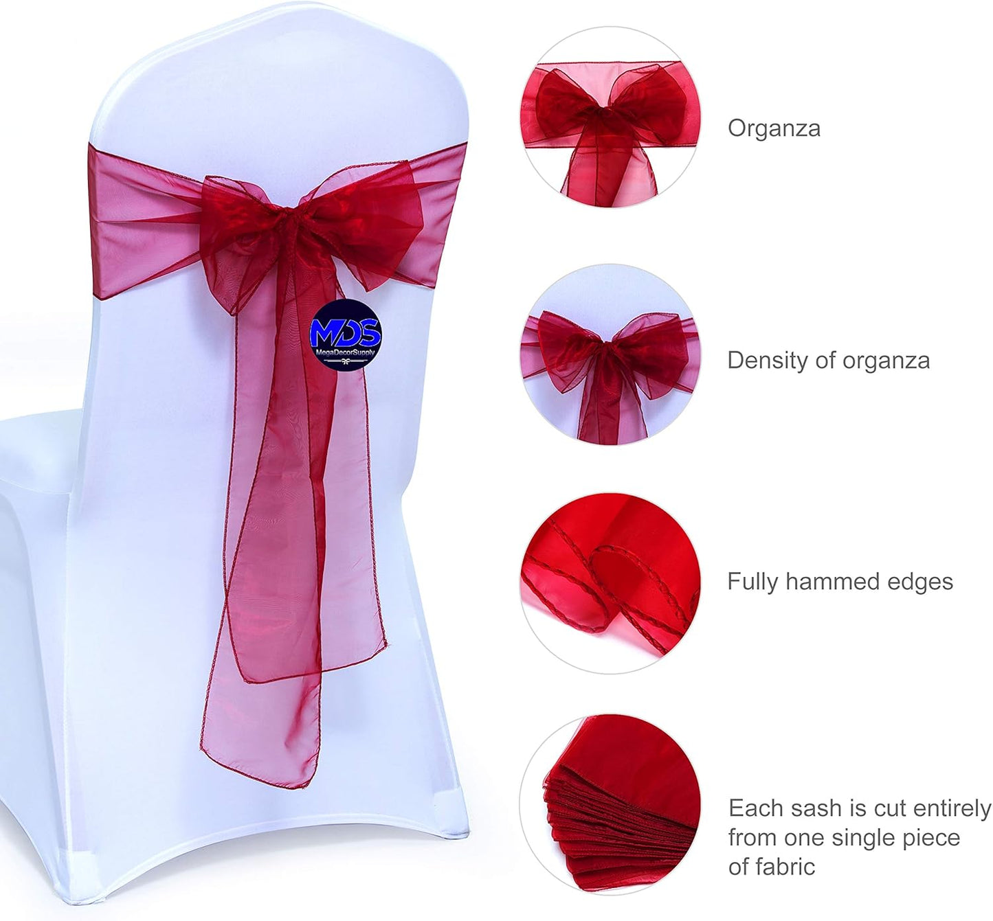 MDS Pack of 50 PCS Organza Chair Sashes Wider Dining Chair Bows Ribbon Tie Back for Wedding Party Birthday Bridal Shower Reception Event Banquet Home Chair Cover Decoration - Maroon