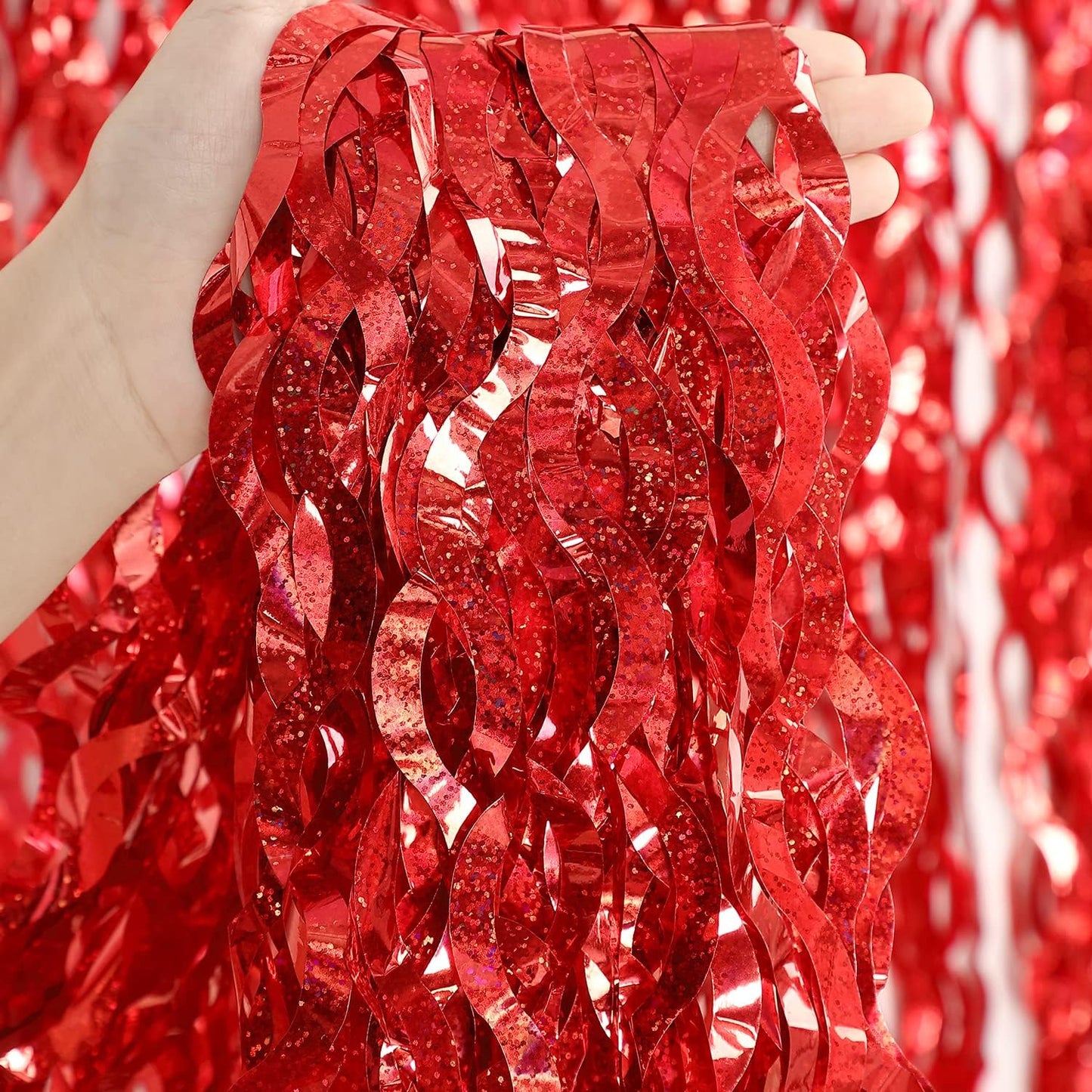 3 Pack Red Backdrop Curtain - CYLMFC 3.3 ft x 6.6 ft Foil Backdrop Curtain Streamers Birthday Decorations for Birthday Party Christmas Graduation Decor