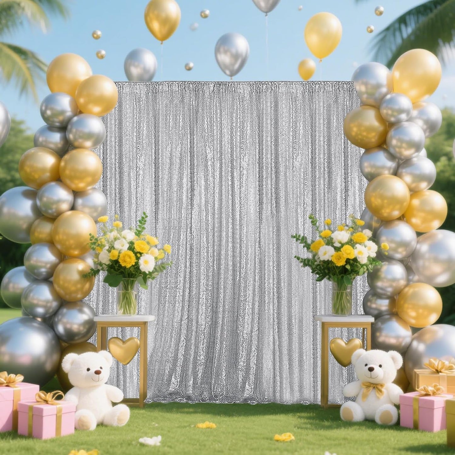 Silver Sequin Backdrop Curtain 4 Pieces 2FTx8FT Glitter Photography Backdrop for Party Wedding Birthday Christmas Decorations