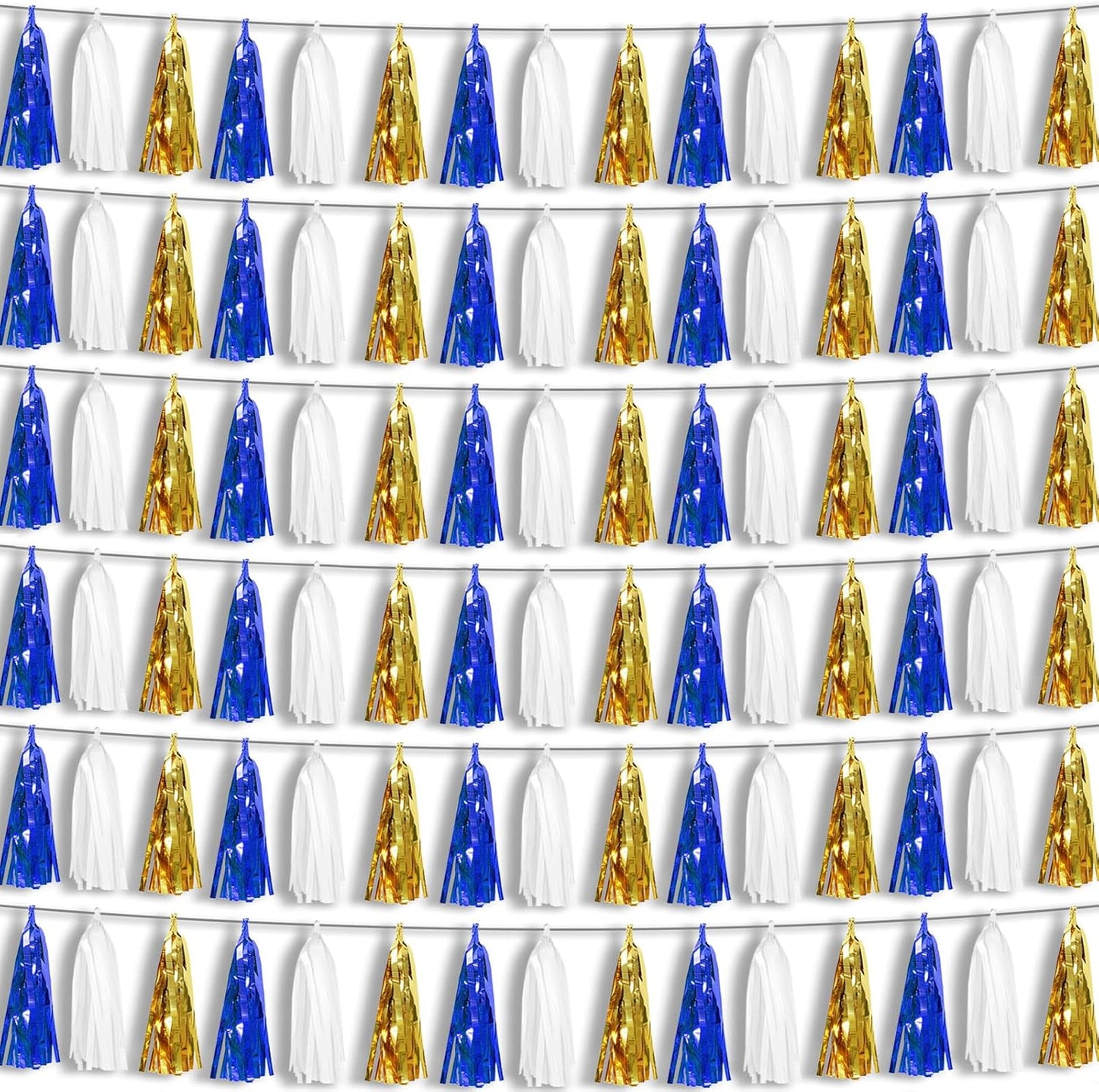 6P Navy-Blue White-Gold Foil Fringe Metallic Tassel-Garland, Tassels Banner Streamers for Parade Floats, Bachelorette, Wedding, Birthday, Graduation, Christmas, Bridal/Baby Shower Party Decorations