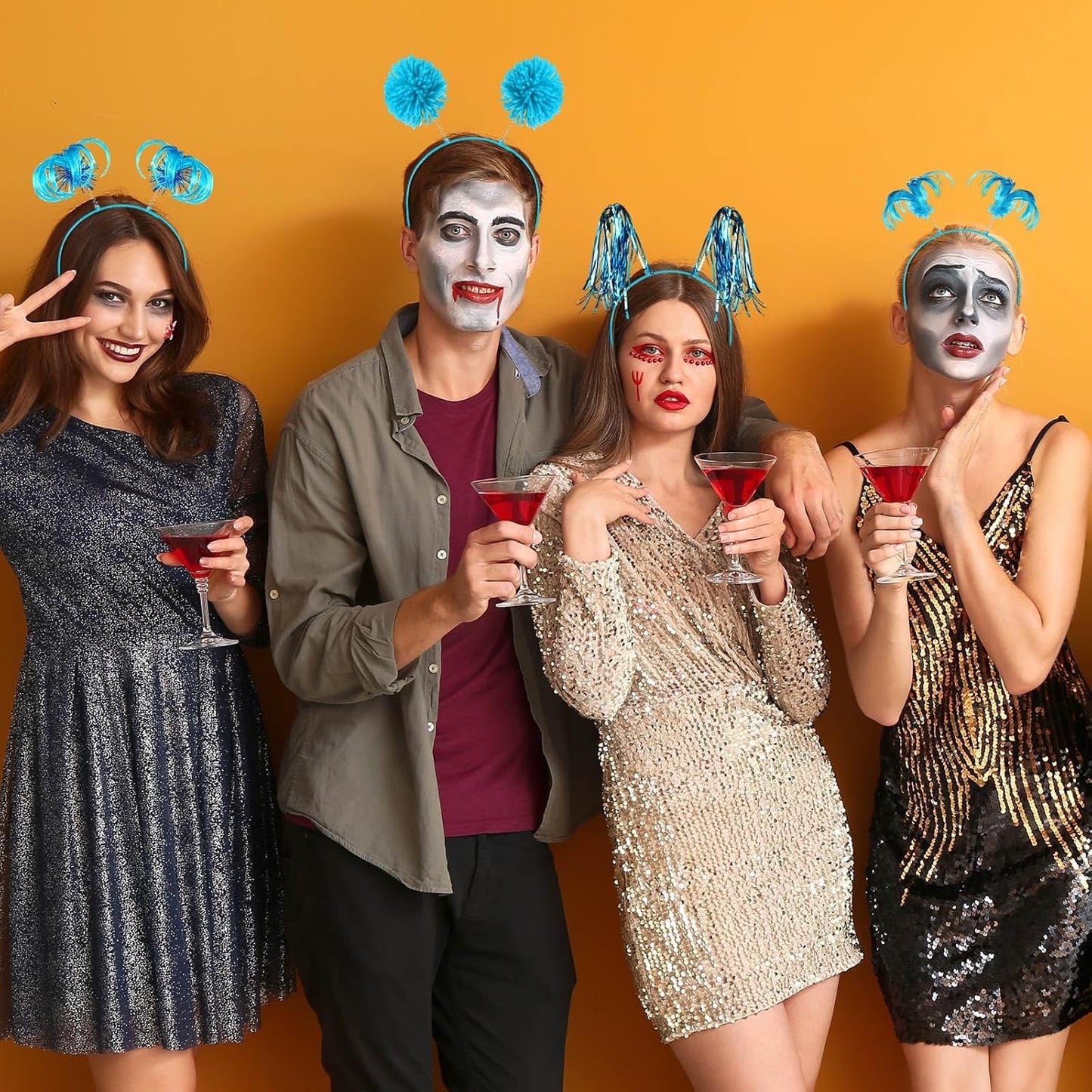 Censen 12 Pcs Halloween Pom Pom Party Headbands Tinsel Ponytails Spirit Head Bopper Headwear for Christmas Birthday Holiday