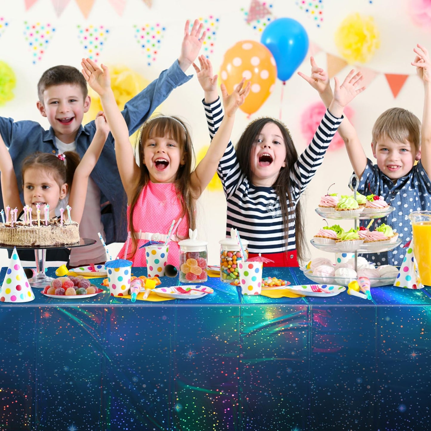YIDAKO 3Pcs Iridescent Space Tablecloths, Disposable Plastic Blue Galaxy Table Cloth Rectangle