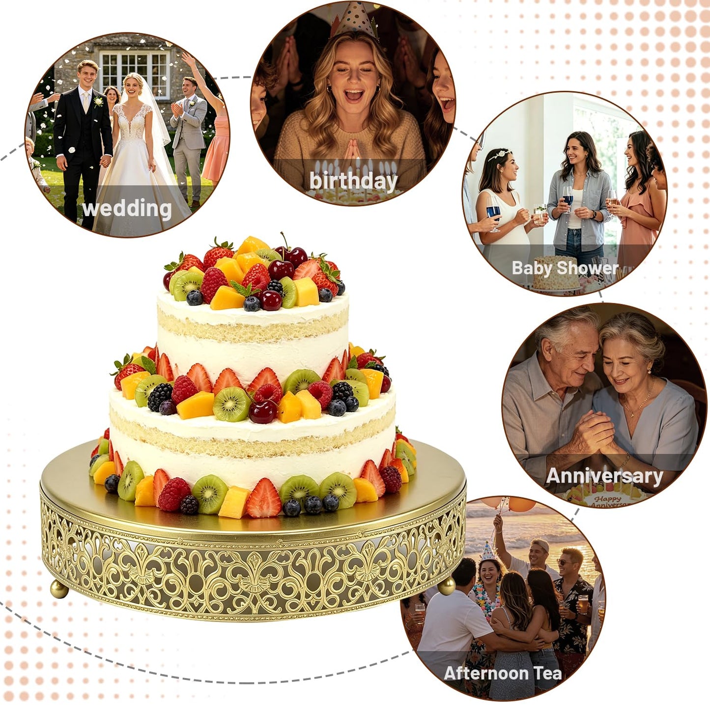 FEICTPOX 12 Inch Luxury Light Gold Cake Stand, Round Metal Dessert Display with Ornate Filigree