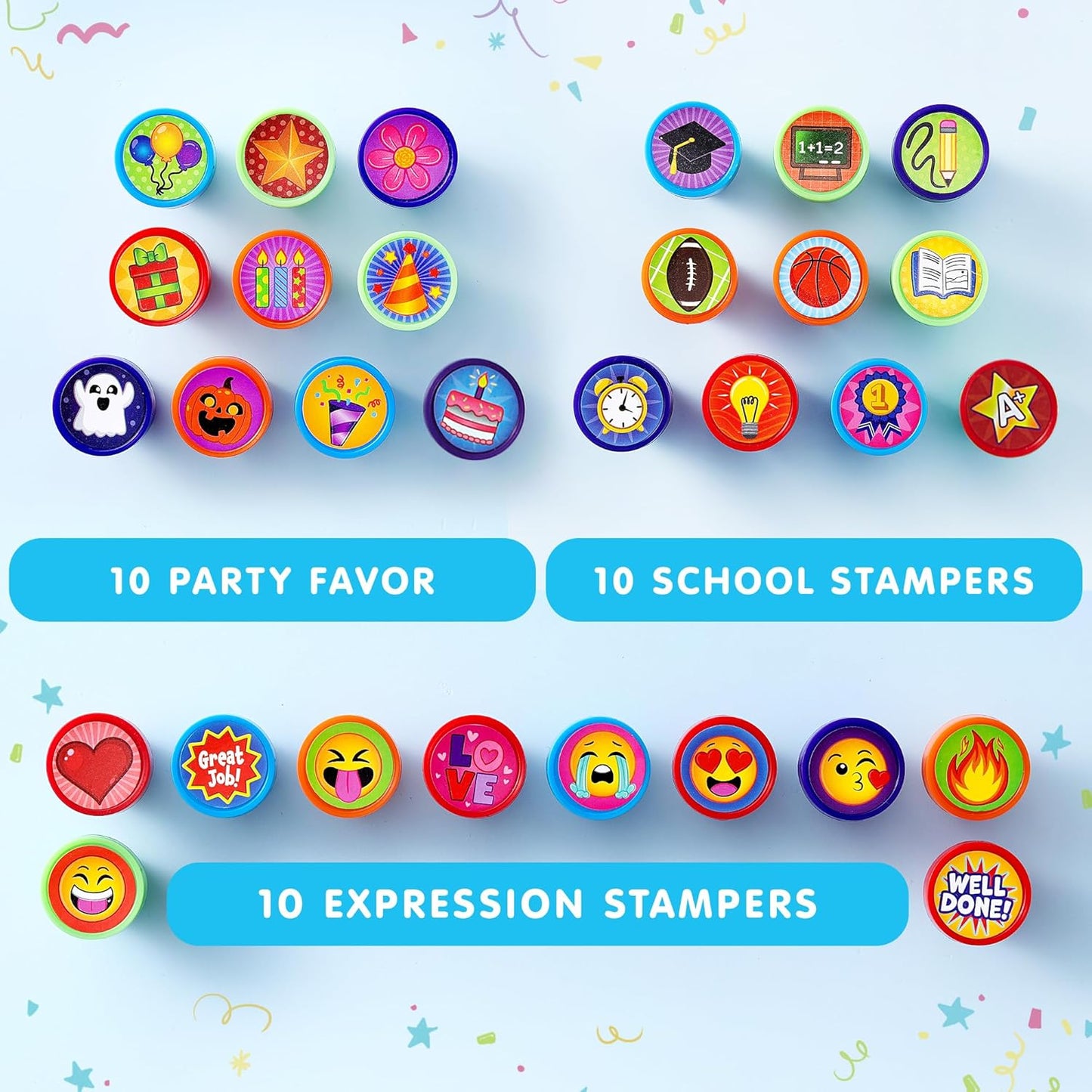 JOYIN 50 Pcs Assorted Stamps for Kids - Self-Ink Stamps with 50 Designs for Birthday Party Favor, Carnival Prizes, School Stampers, Goodie Bag, Halloween, Christmas (Zoo, Holiday Stampers)