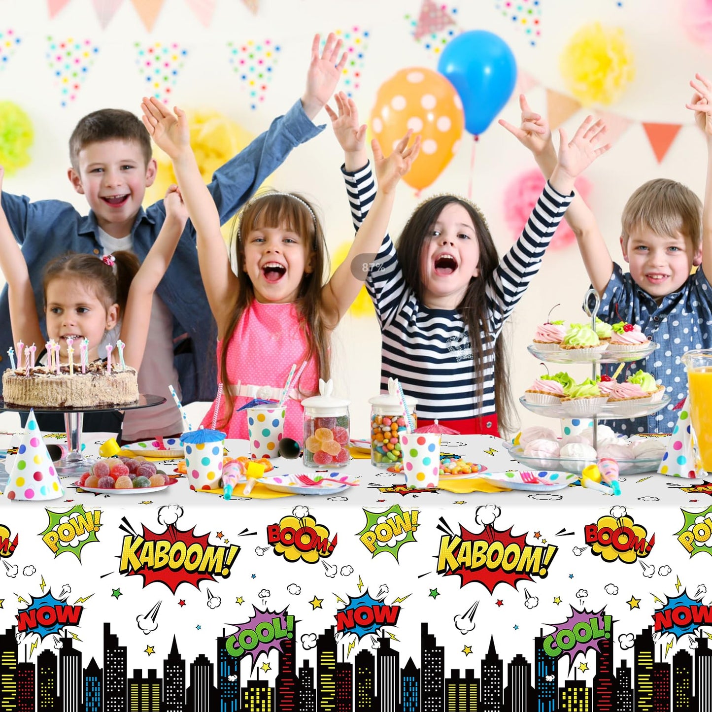 3Pcs Hero Themed Birthday Party Tablecloths Decorations,White Cityscape Super Bang Plastic Table