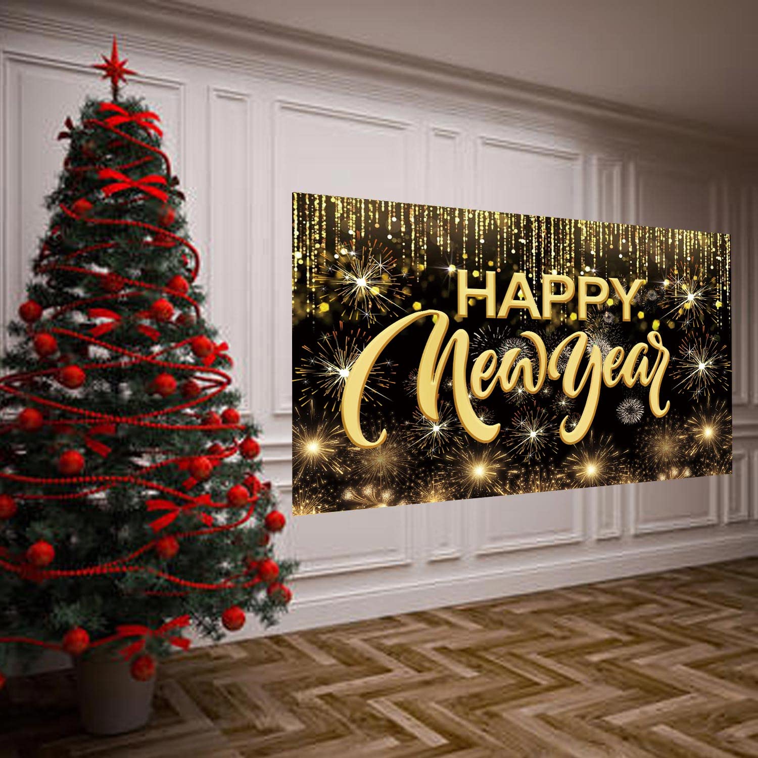 Happy New Year Hanging Extra Large Fabric Sign Poster Background Banner with Firework Pattern for