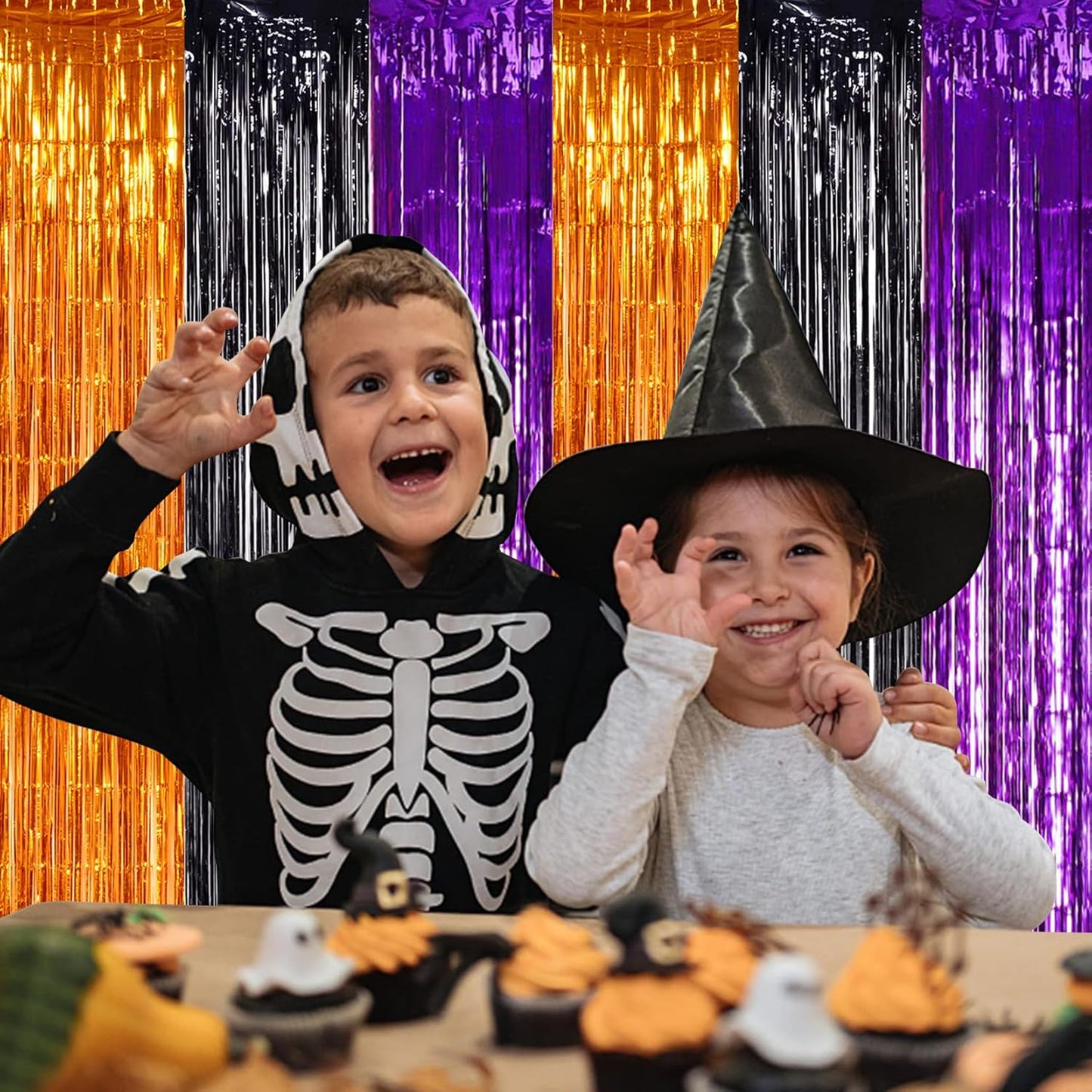 TONIFUL 2Pcs Orange Purple Black Metallic Tinsel Foil Fringe Curtains,3.28ft x 6.56ft Halloween Photo Booth Backdrop Streamer,Photo Props,for Party Door Wall Curtains Wedding Birthday(9.9ft x 6.6ft)