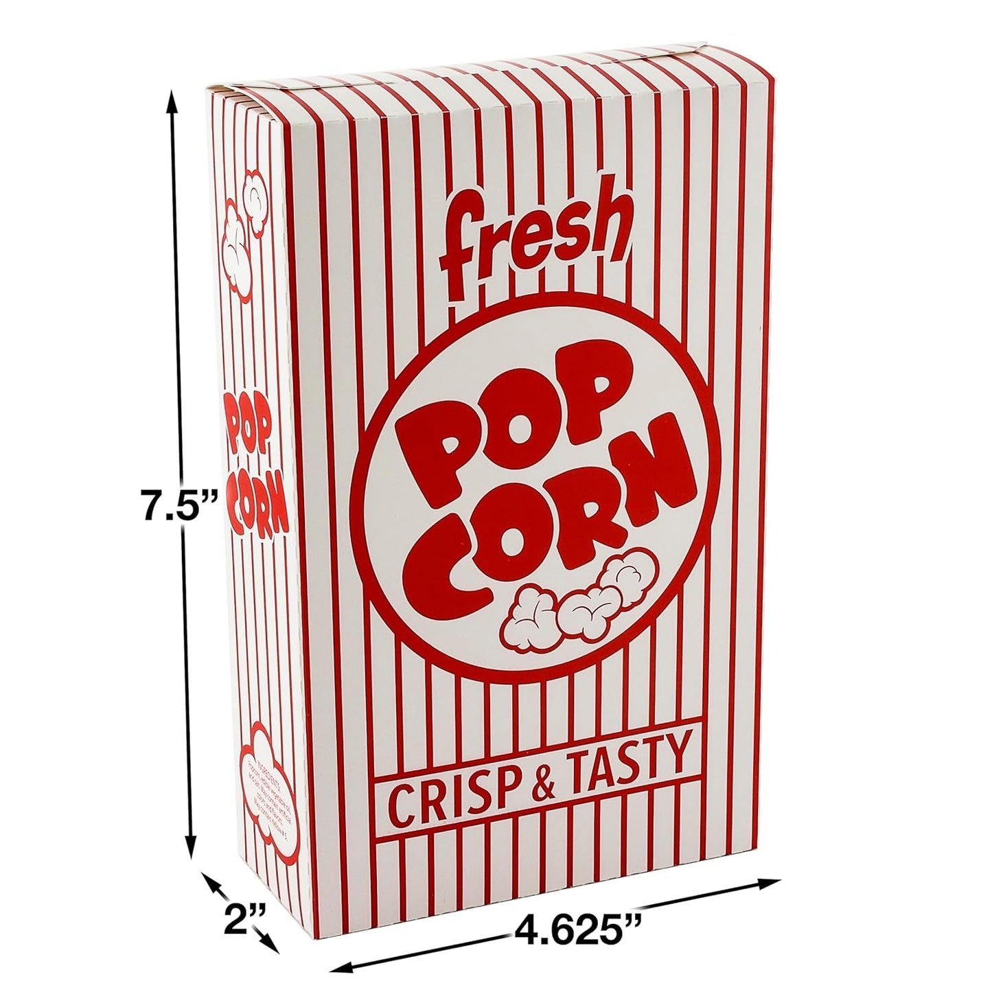 Snappy 3J Red & White Striped Close Top Popcorn Boxes for Movie Night Supplies, Popcorn Boxes Bulk 500 Count, Movie Night Popcorn Boxes 1.25 oz. Capacity, 4.625" x 2" x 7.5" Popcorn Containers