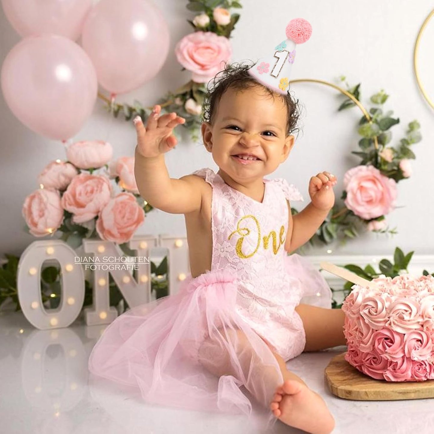 WAUAO Colorful Flower 1st Birthday Cone Hat for Girls - Cute & Adorable Floral Crown, First Birthday Decorations