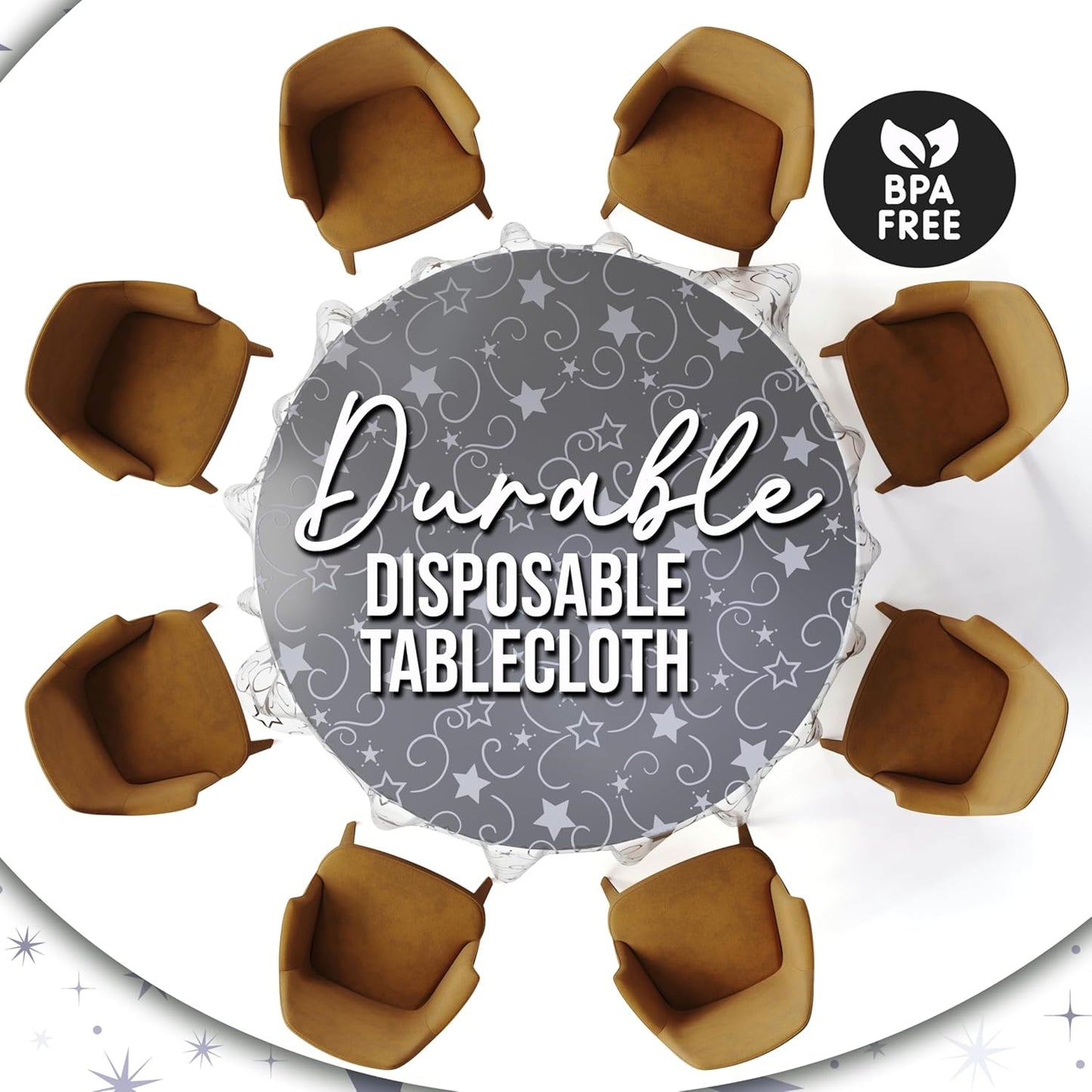 Exquisite Clear Silver Star Tablecloth Plastic 12-Pack Disposable Round Tablecloths 84" Silver Star Table Cloths Round Table Covers Plastic Tablecloth for Party Decorations
