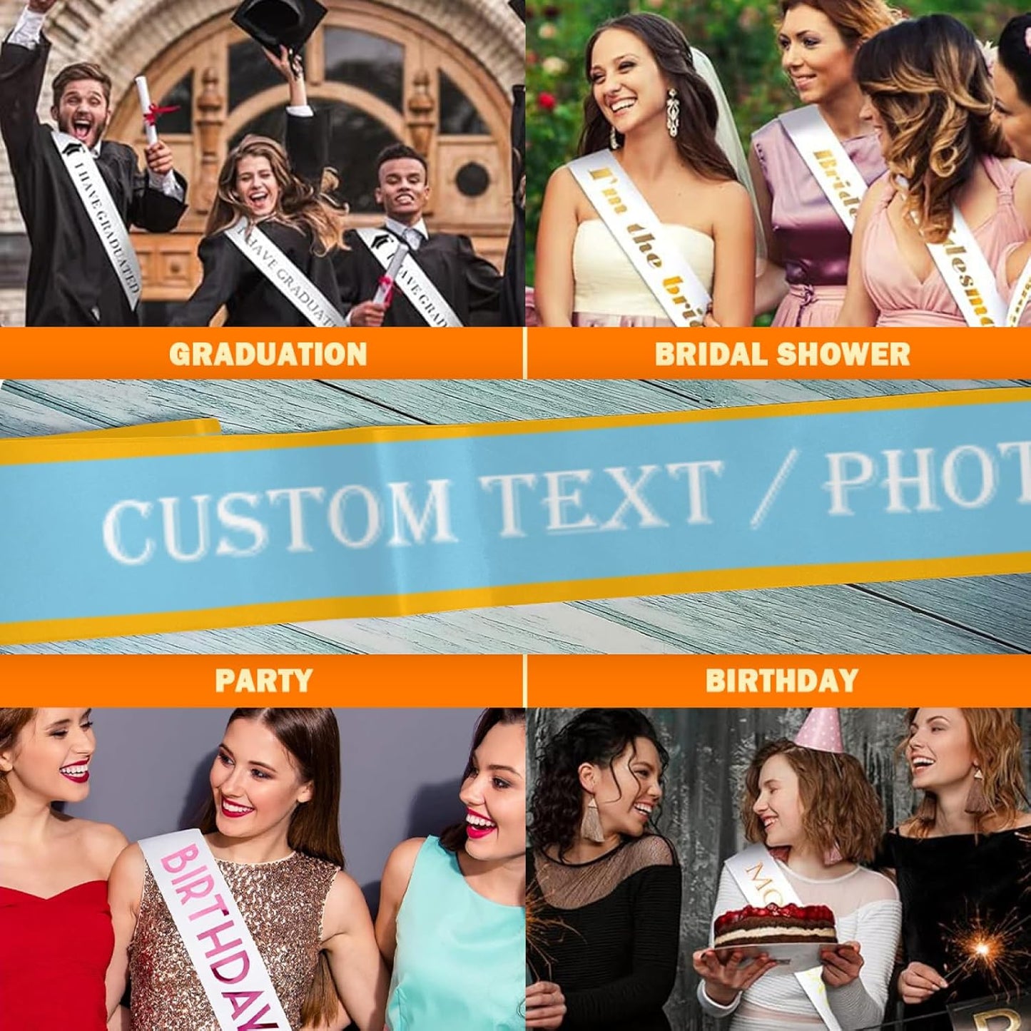 Custom Sash,Personalized Birthday Sash with Text Photo,Customized Bachelorette Sash Quote Sash Bride to Be Sash Color Optional (With decorative edge, Cyan)