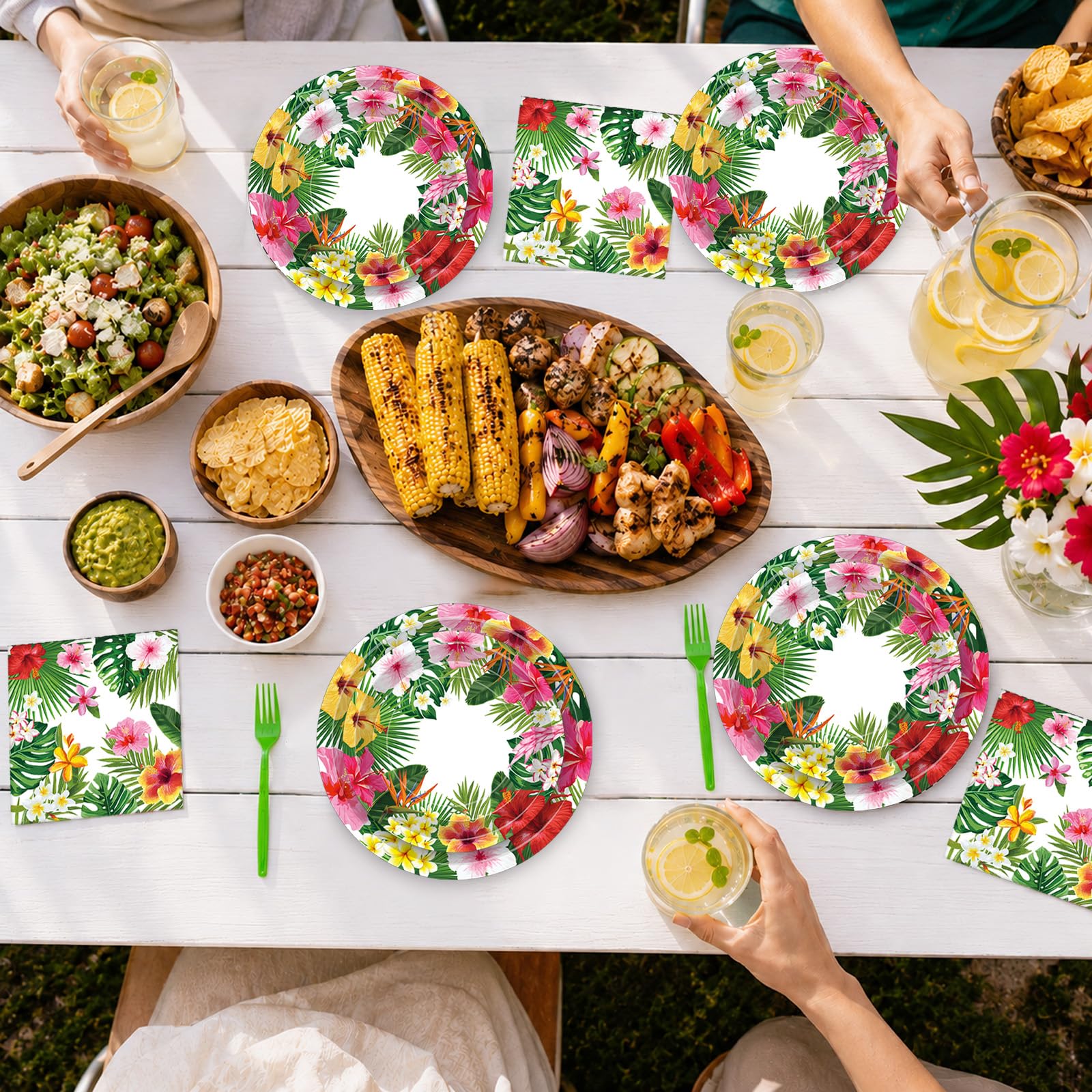 100 Pcs Tropical Luau Party Supplies Set, Serves 25 – Disposable Hibiscus Floral Paper Plates