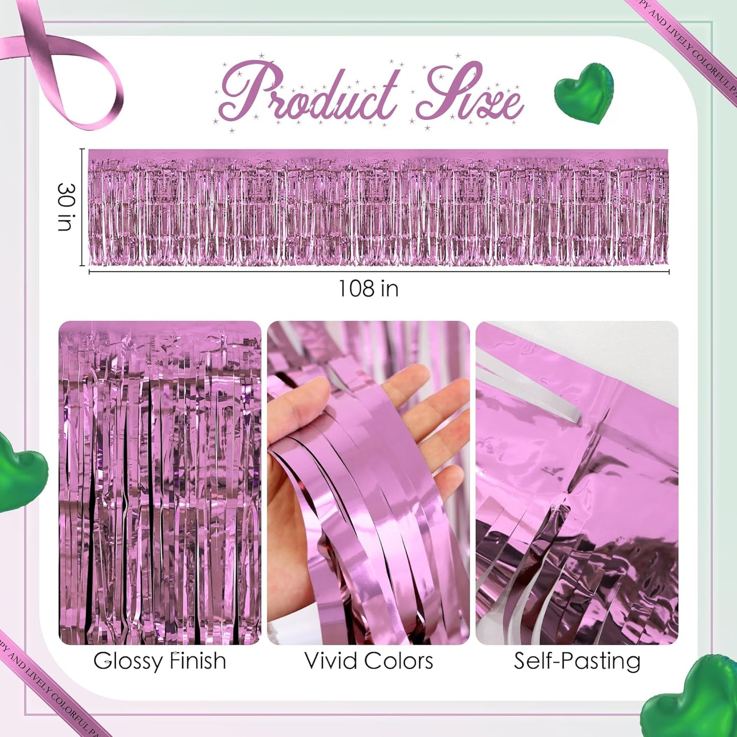 2 Pack Light Pink Green Table Skirts, 29x108" Metallic Foil Tinsel Fringe Table Skirt for Rectangle Tables Streamer Curtains Backdrop, Party Decorations for Birthdays, Weddings, Holidays