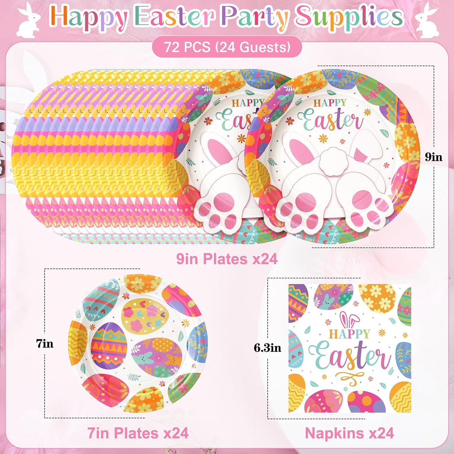 Fighting to Achieve Happy Easter Plates and Napkins, 72PCS Colorful Easter Party Supplies, Bunny
