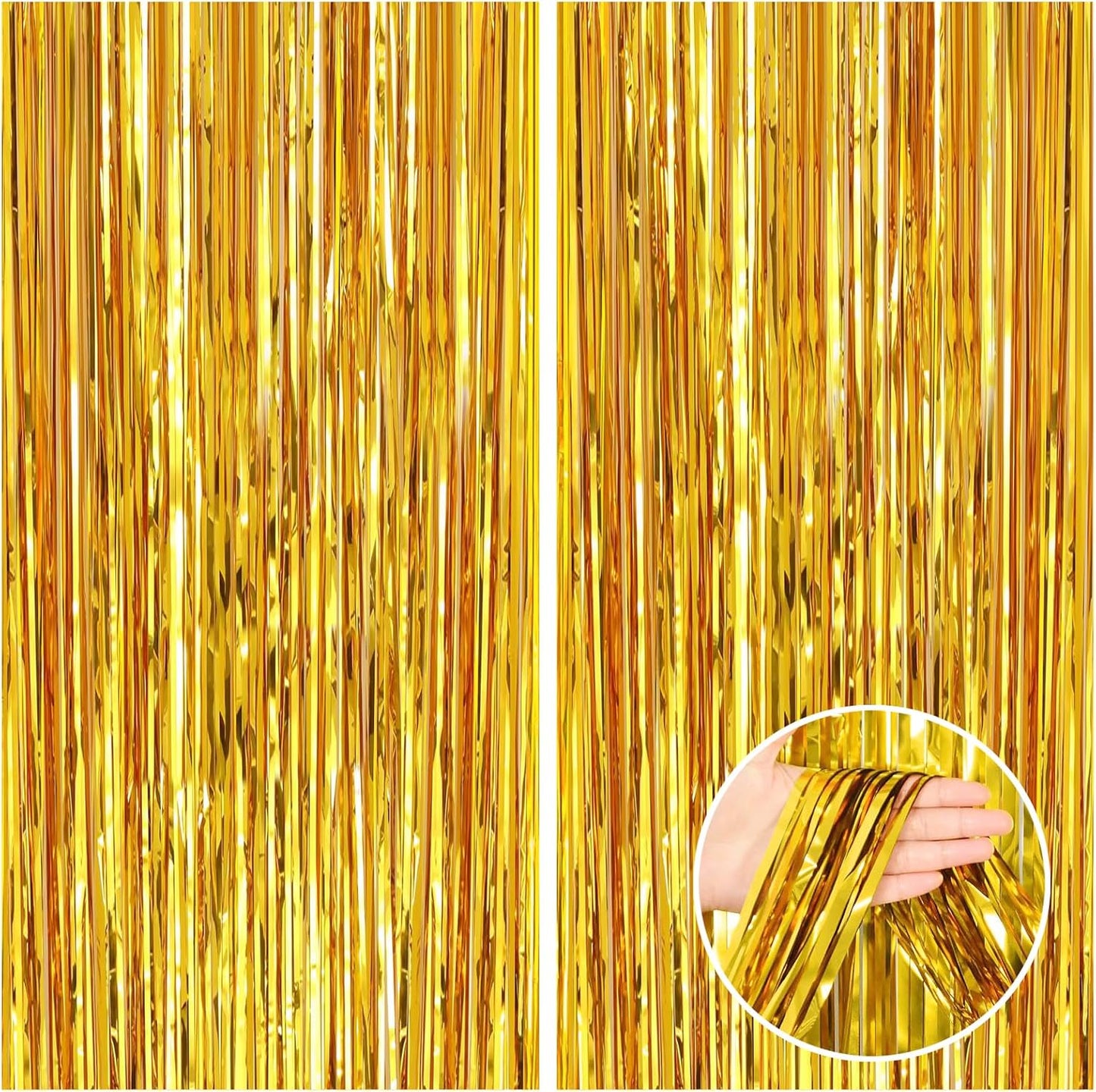 CANREVEL 2 Pack 3.3x8.2 Feet Gold Foil Fringe Backdrop Curtains, Tinsel Streamers Birthday Party Decorations, Fringe Backdrop for Graduation, Baby Shower, Happy New Year, Disco Party