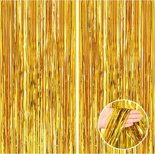CANREVEL 2 Pack 3.3x8.2 Feet Gold Foil Fringe Backdrop Curtains, Tinsel Streamers Birthday Party Decorations, Fringe Backdrop for Graduation, Baby Shower, Happy New Year, Disco Party