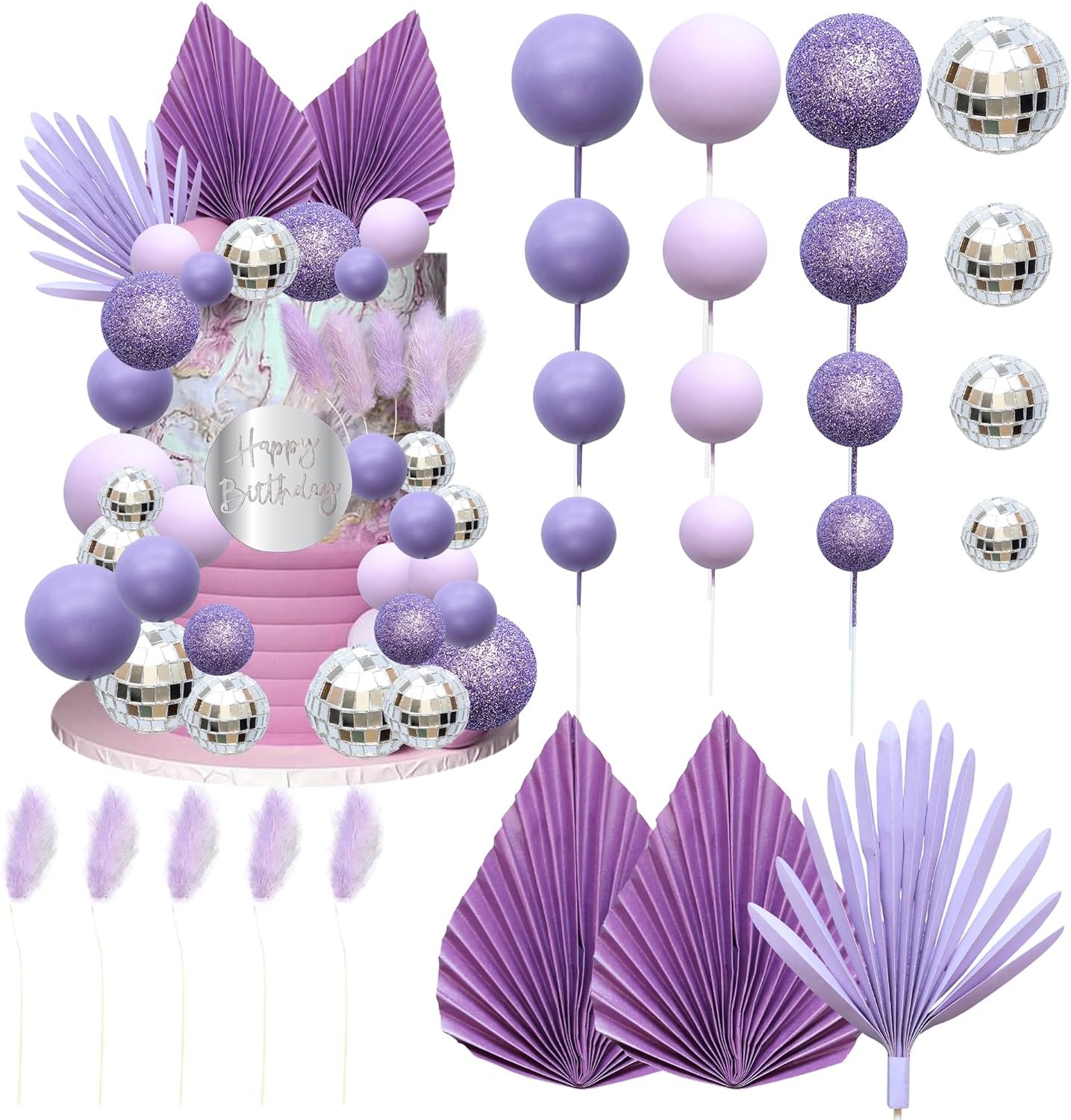 Ephlyn 33 Pack Balls Cake Toppers Boho Palm Leaves Cake Decorations Round Acrylic Happy Birthday Cupcake Toppers for Birthday Wedding Baby Shower Party Supplies Purple
