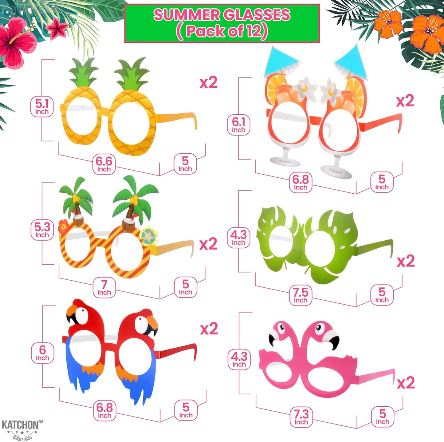 KatchOn, Tropical Hawaiian Photo Booth Props - Pack of 12,Luau Party Decorations | Luau Glasses for Hawaiian Party Decoration | Luau Photo Booth Props, Aloha Party Decoration, Summer Party Decorations