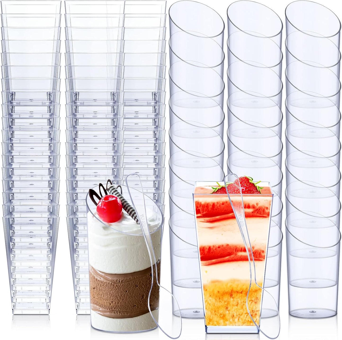 Nuogo 100 Pcs Mini Dessert Cups with Spoons Include 3 oz Square Plastic Appetizer Cups 2.5 oz Slanted Round Parfait Shooter Cup Small Clear Mousse Pudding Cup for Wedding Baby Shower Birthday Party
