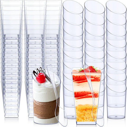 Nuogo 100 Pcs Mini Dessert Cups with Spoons Include 3 oz Square Plastic Appetizer Cups 2.5 oz Slanted Round Parfait Shooter Cup Small Clear Mousse Pudding Cup for Wedding Baby Shower Birthday Party