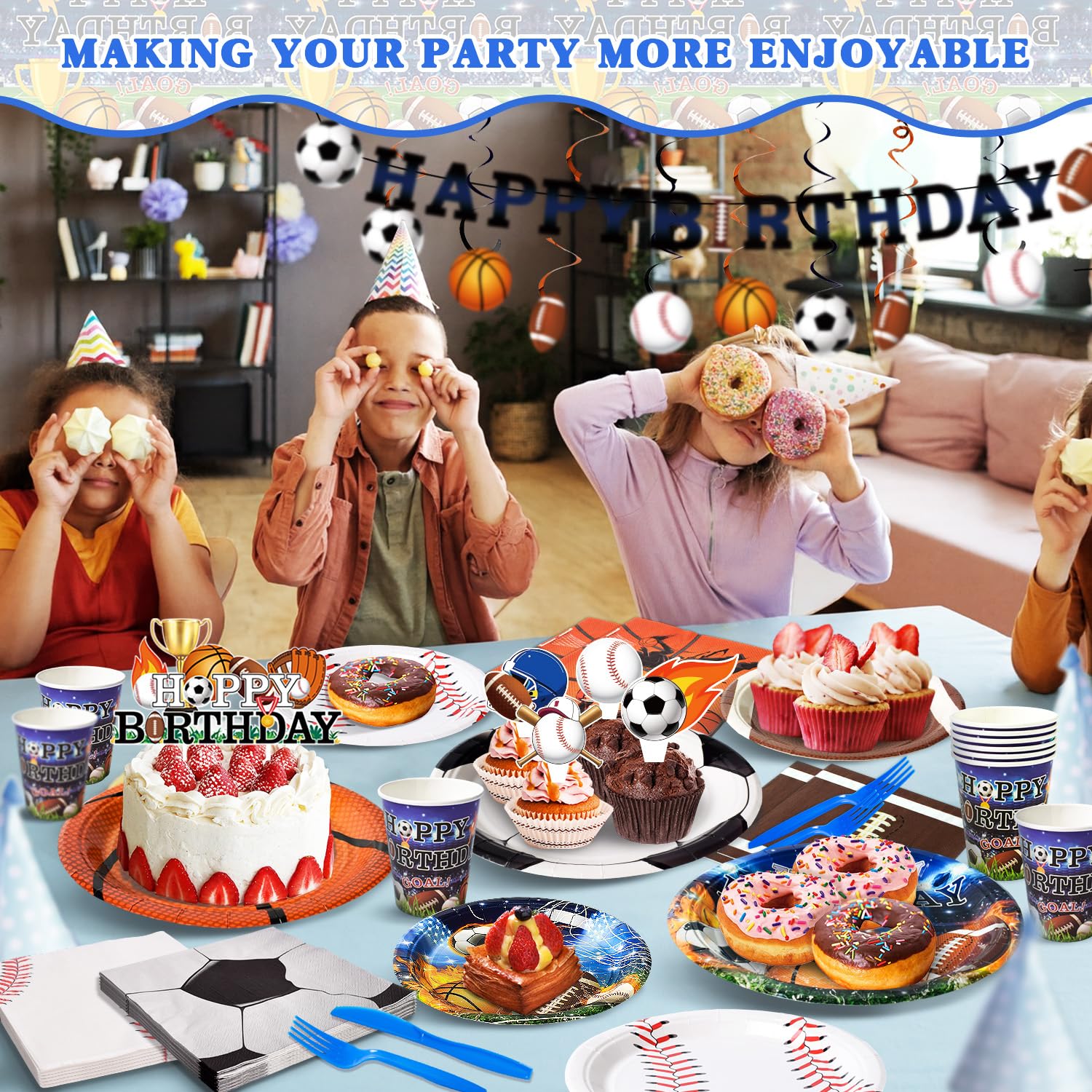 244 Pcs Sports Birthday Party Decorations - Serve 30, All in One Football Basketball Baseball