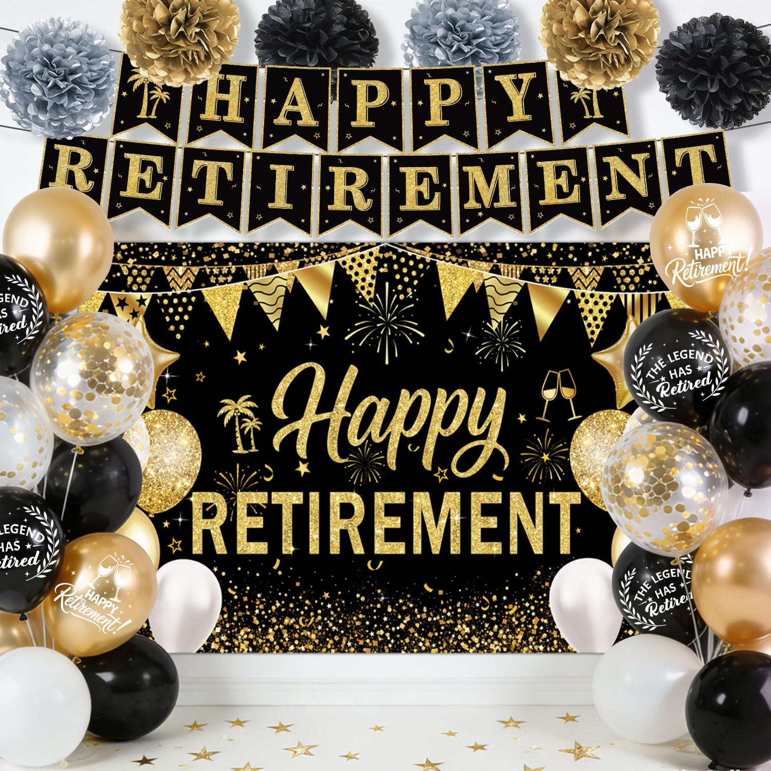 Retirement Party Decorations for Women Men Black and Gold Happy Retirement Banner & Backdrop