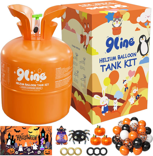 13L Helium Tank Up To 50 Latex Balloons,Helium Tank For Balloons At Home,50 12-Inch Orange&Black Latex Balloons, 5 Foil Balloons, 1Halloween 5.9X3.6Ft Backdrop, 8 Accessory Tools