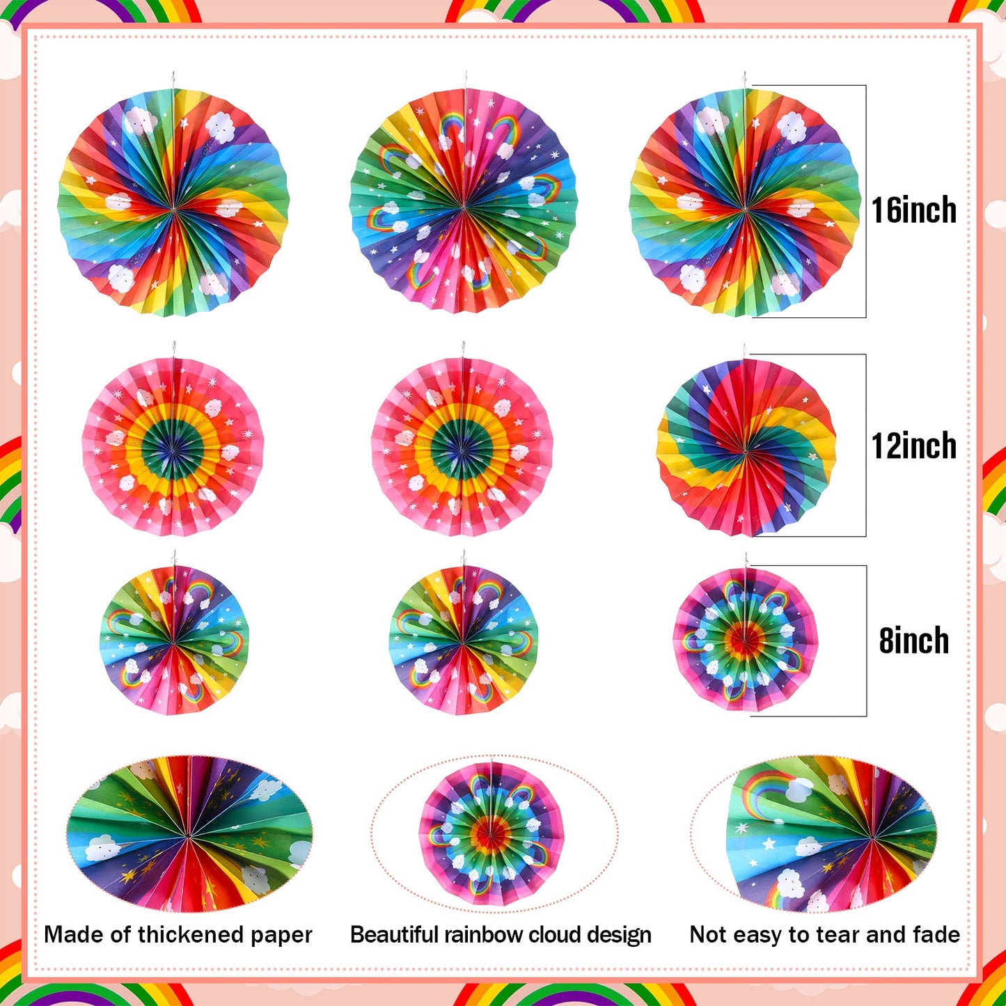 Outus 9 Pcs Rainbow Party Decorations Paper Fans Boho Classroom Bulletin Board Decor Ceiling Wall