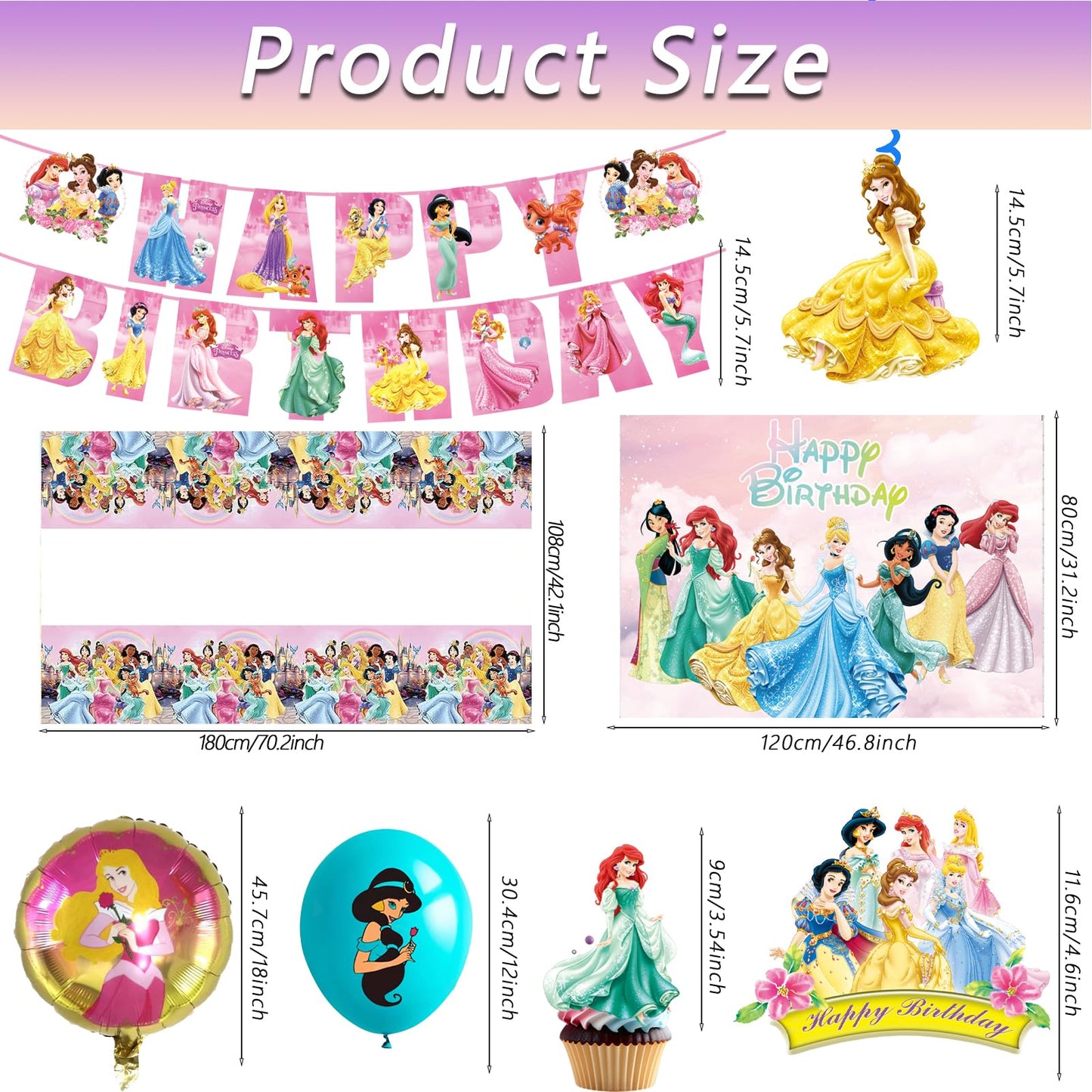 62PCS Disne Princess Party Supplies, Birthday Decorations Set Include Banner, Balloons, Backdrop