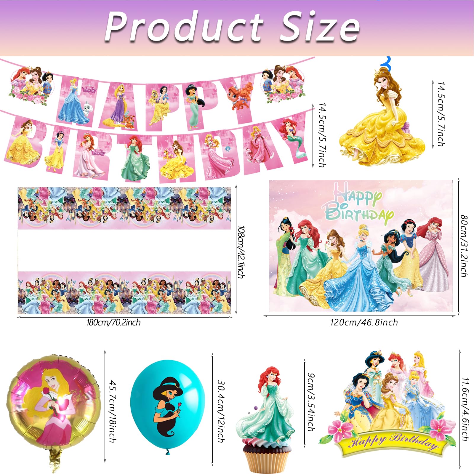 62PCS Disne Princess Party Supplies, Birthday Decorations Set Include Banner, Balloons, Backdrop