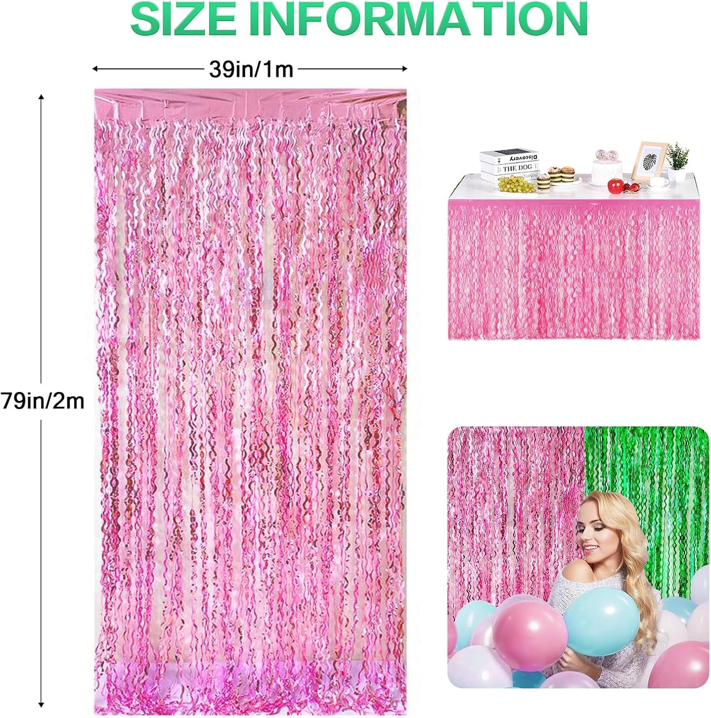 CANREVEL 2 Pack 3.3x6.6 Feet Pink and Green Wavy Foil Fringe Backdrop Curtains, Tinsel Streamers for Wicked Witch Merch Decor Birthday Party, Graduation, Halloween Party Decorations