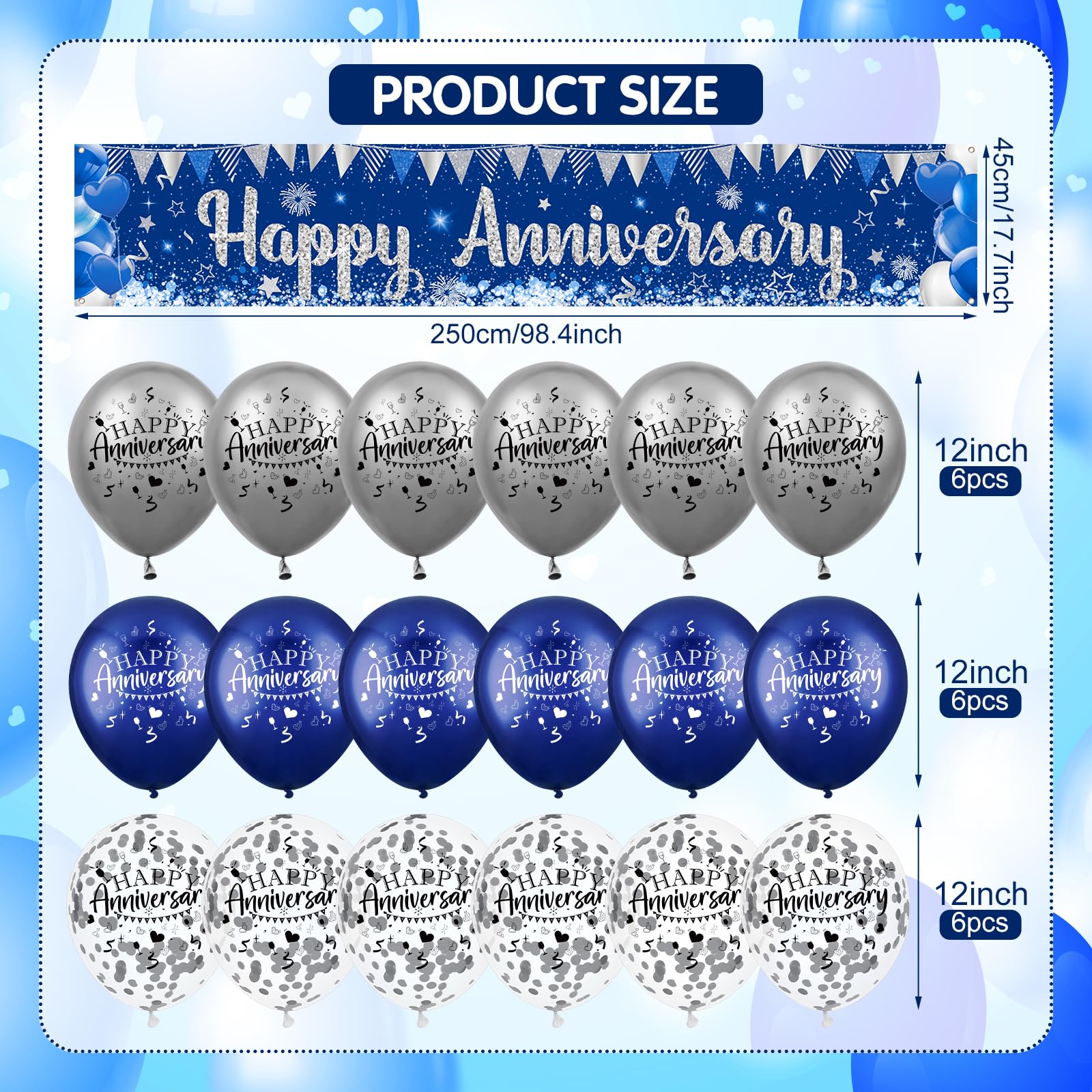 Blue Happy Anniversary Decorations for Men Women, Silver Blue Happy Anniversary Banner and 18pcs
