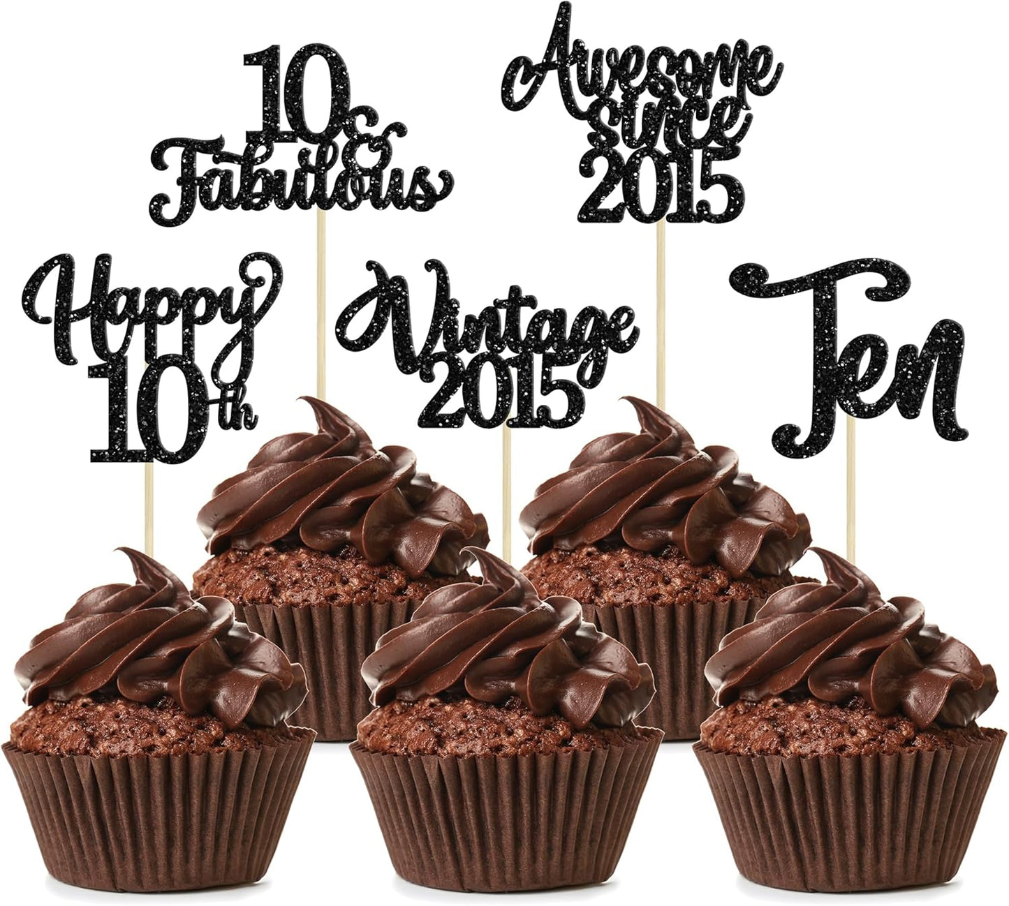30Pcs Happy 10th Birthday Cupcake Toppers Glitter Ten Vintage 2015 Cupcake Picks Cheers to 10 Fabulous Cake Decorations for 10th Birthday Wedding Anniversary Party Supplies Black