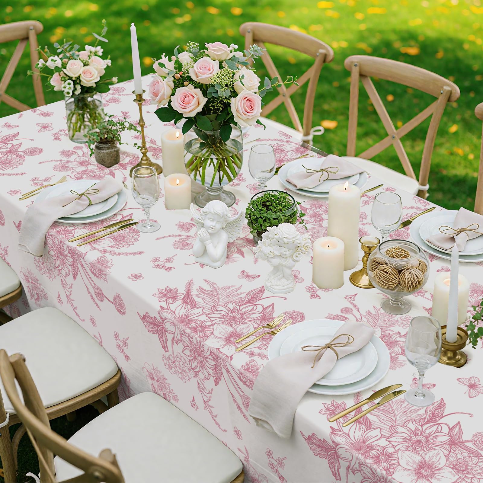 3 Pcs Pink Floral Plastic Tablecloths, Disposable Wedding Table Cloth