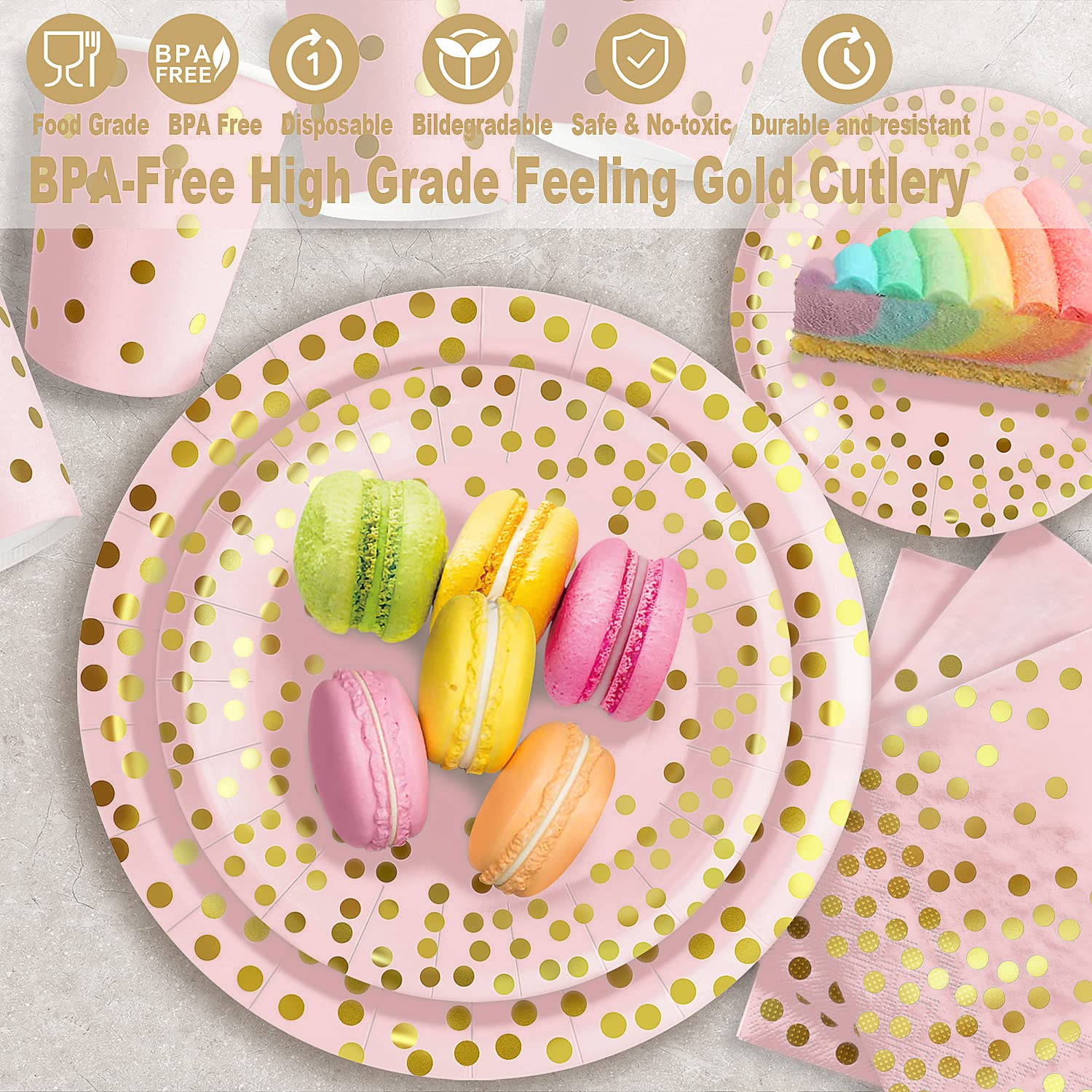 AIRE Pink Gold Paper Plates, 175PCS Disposable Dinnerware Set for 25 Guests