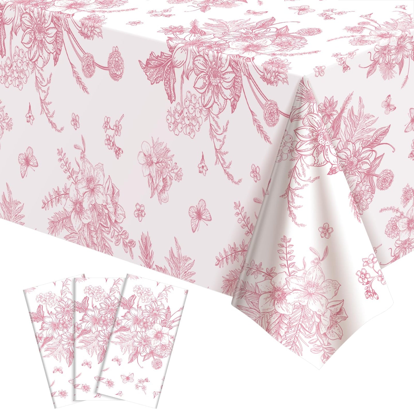 3 Pcs Pink Floral Plastic Tablecloths, Disposable Wedding Table Cloth