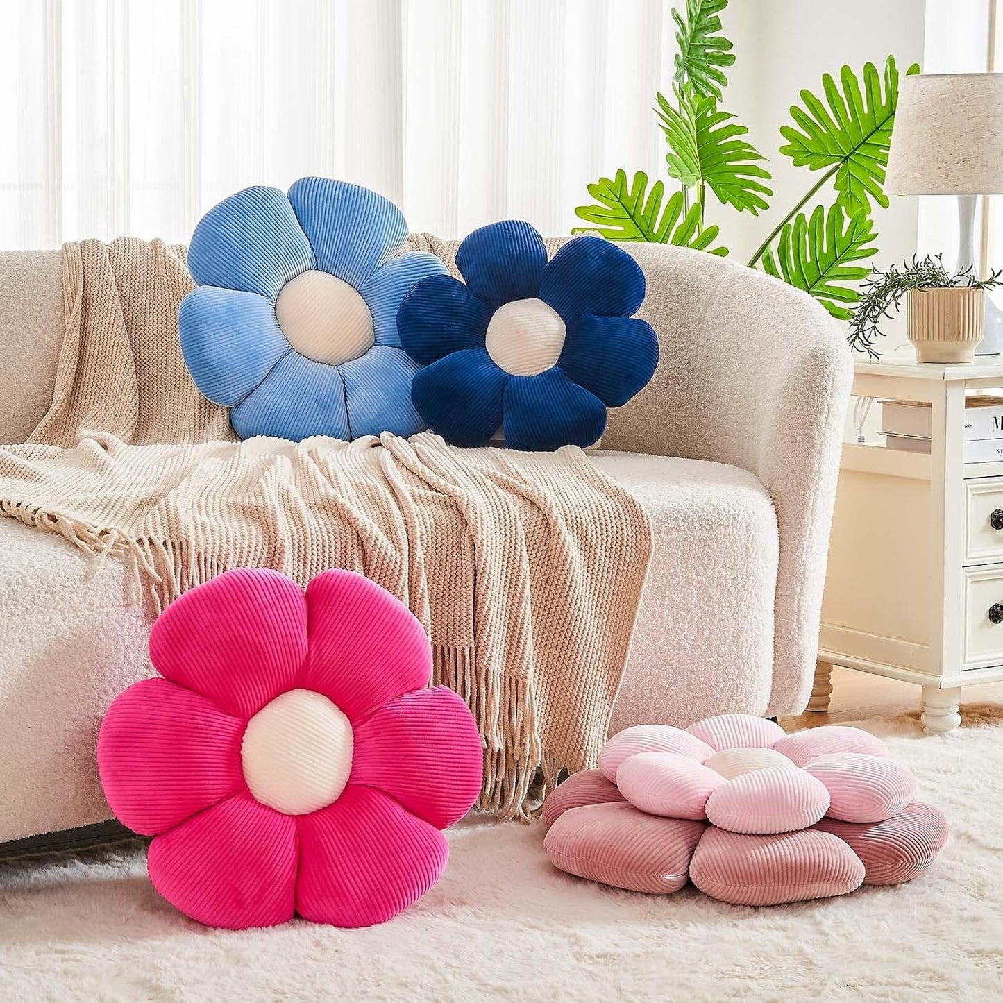 Navy Flower Pillow, 19.6" Cute Flower Shaped Floor Pillow, Aesthetic Floral Plush Daisy Decorative Throw Pillows for Bed Sofa Couch