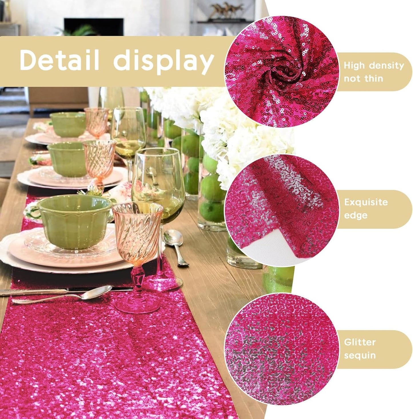6 Packs 12 x 72 inches Sequin Table Runner, Hot Pink Glitter Table Runner for Birthday Party Supplies Wedding Engagement Baby Shower Holiday Celebration Event Decorations