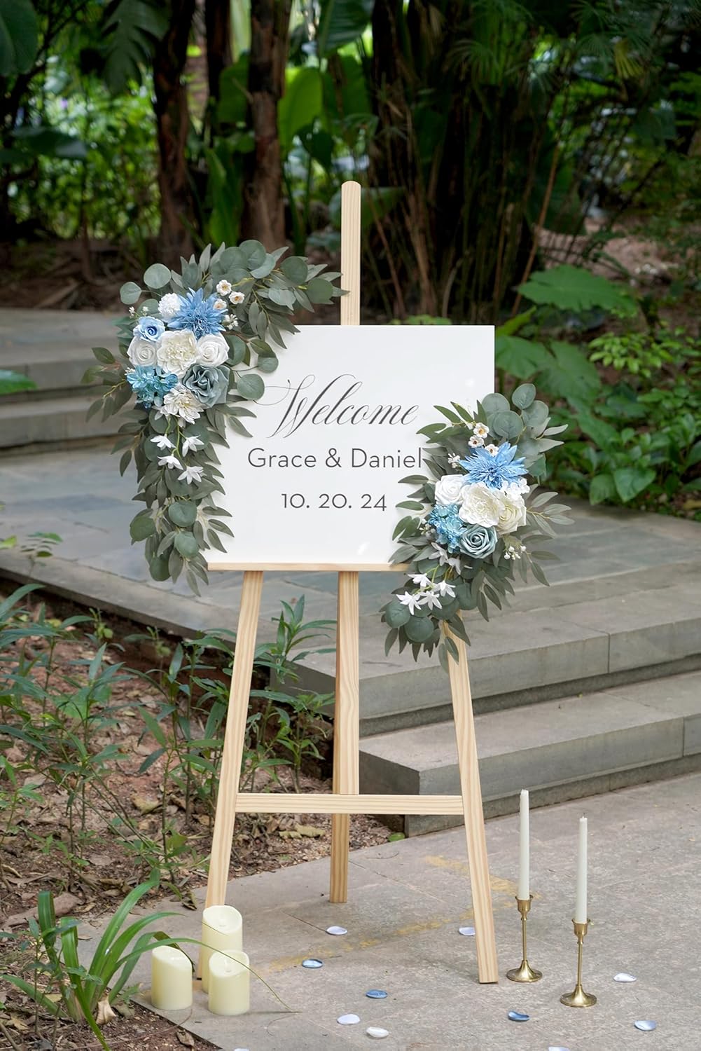 Artificial Flower Swag Set of 2 for Wedding Welcome Signs Floral Decorations, Blue Wedding Arch Flowers for Wedding Ceremony (Blue & Ivory)